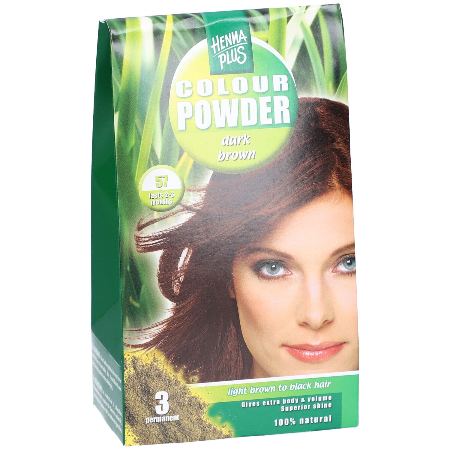 Verpackung von HENNA PLUS Colour Powder 57 braun. Frau mit braunen Haaren. Grün-weiße Verpackung mit Produktinformationen.