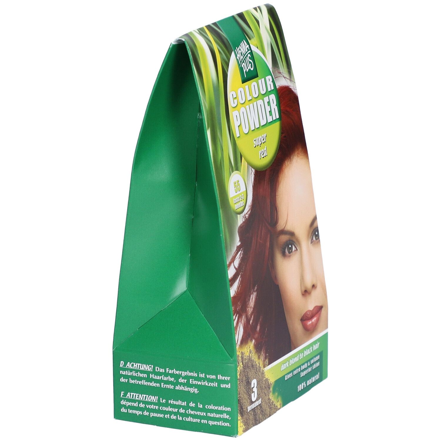 Grüne, dreieckige Verpackung von HENNA PLUS Colour Powder. Aufdruck mit Frau und roten Haaren. Text: Super Rot, 3 permanent.