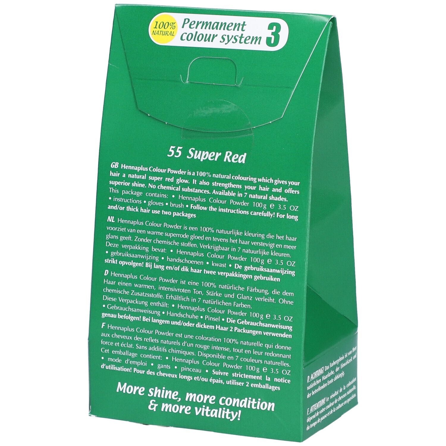 Rückseite der grünen Verpackung von HENNA PLUS Colour Powder. Text: 55 Super Rot, Beschreibung, Inhaltsstoffe, Gebrauchsanweisung.