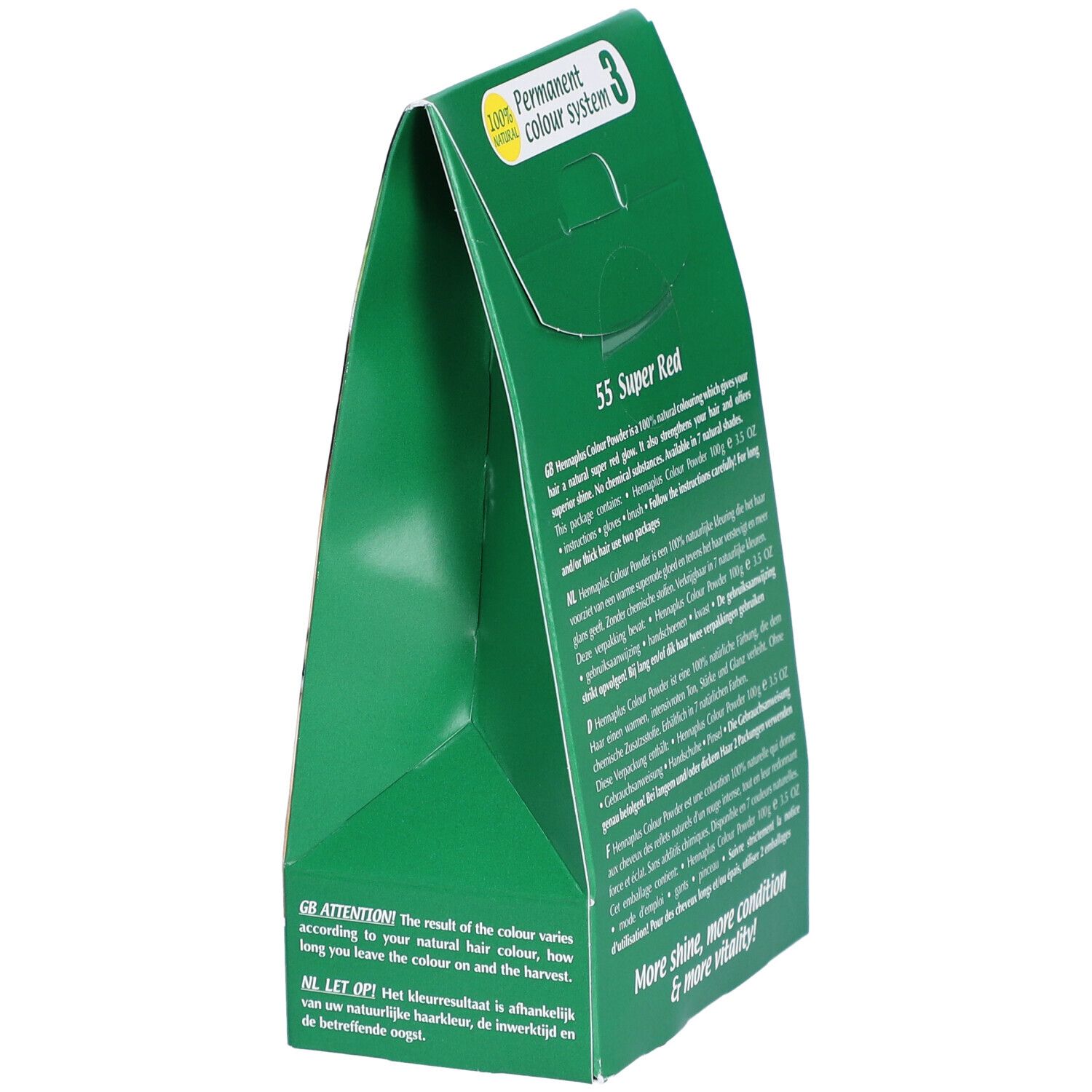Seitenansicht der grünen Verpackung von HENNA PLUS Colour Powder. Text: 55 Super Rot, Beschreibung, Gebrauchsanweisung.