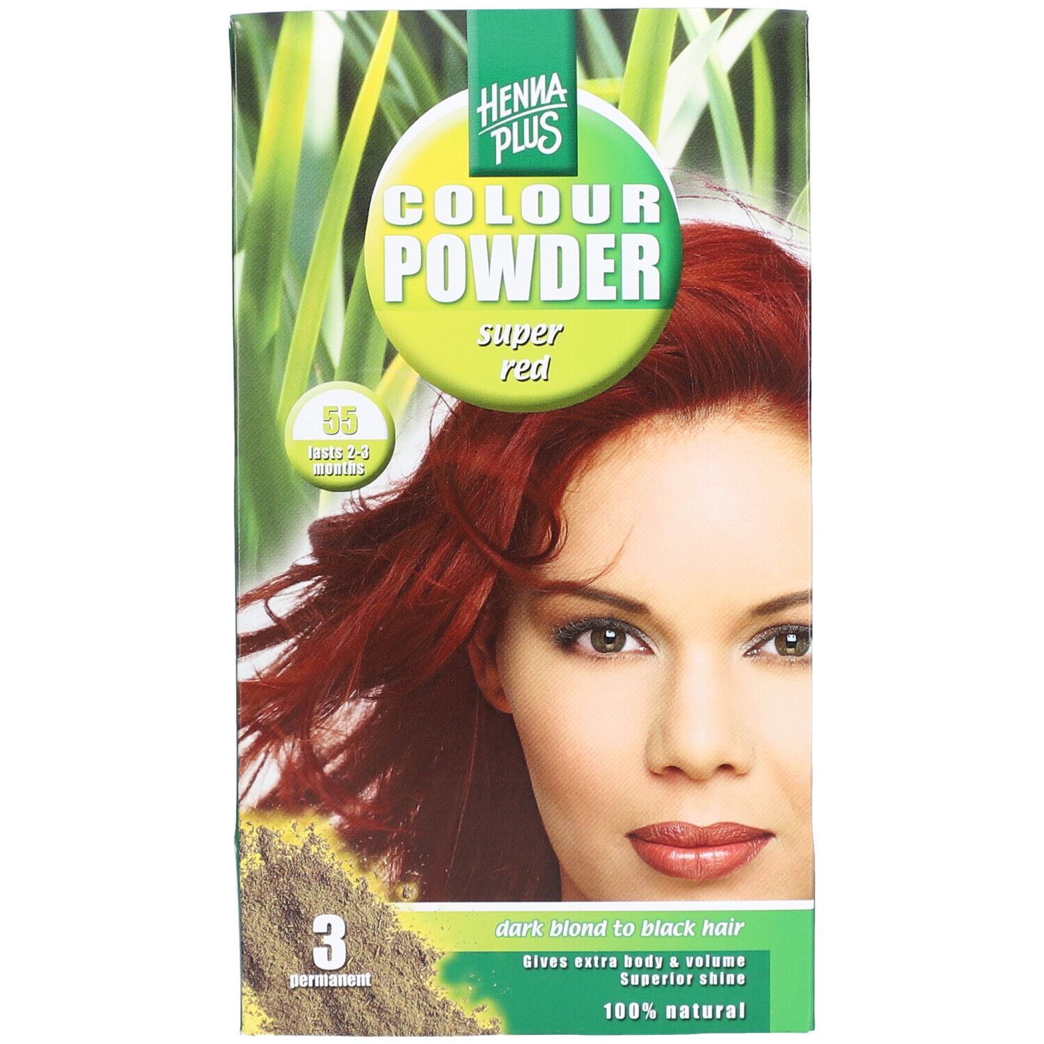 Grüne Verpackung mit HENNA PLUS Colour Powder, Super Rot. Abbildung einer Frau mit roten Haaren. 55 Super Rot, 3 permanent.
