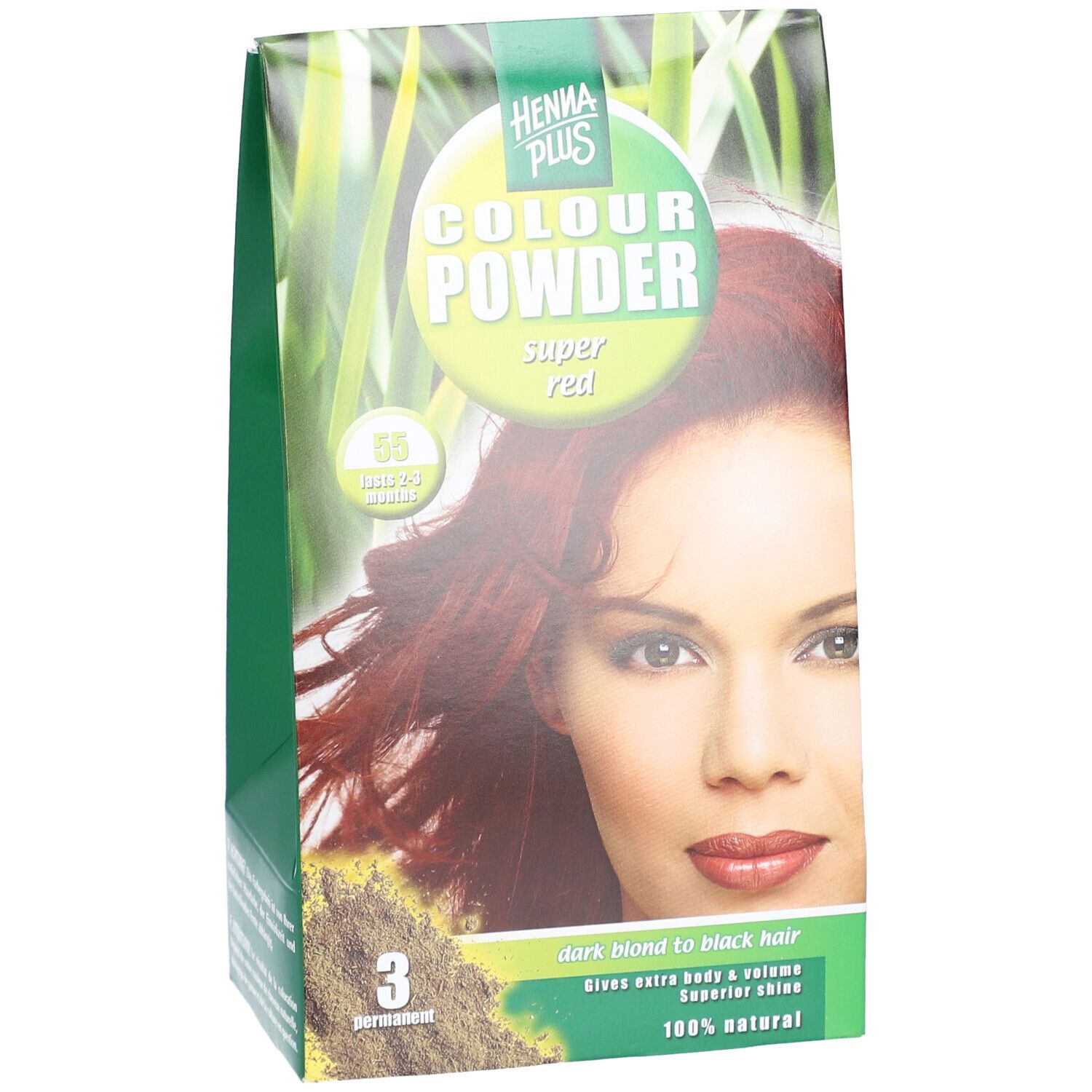 Grüne Verpackung mit HENNA PLUS Colour Powder, Super Rot. Abbildung einer Frau mit roten Haaren. 55 Super Rot, 3 permanent.