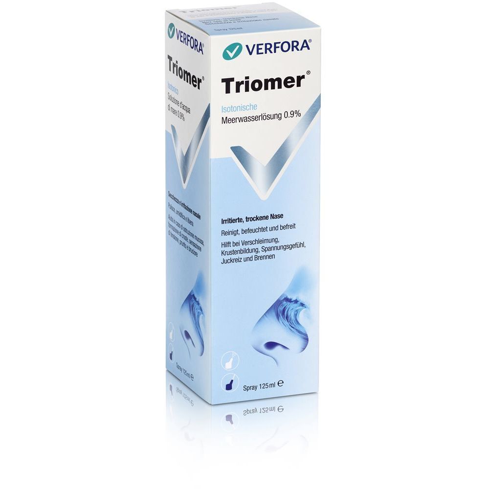 Verfora Triomer Nasenspray in Verpackung. Blaue und weiße Schachtel mit Produktinformationen und Logo.