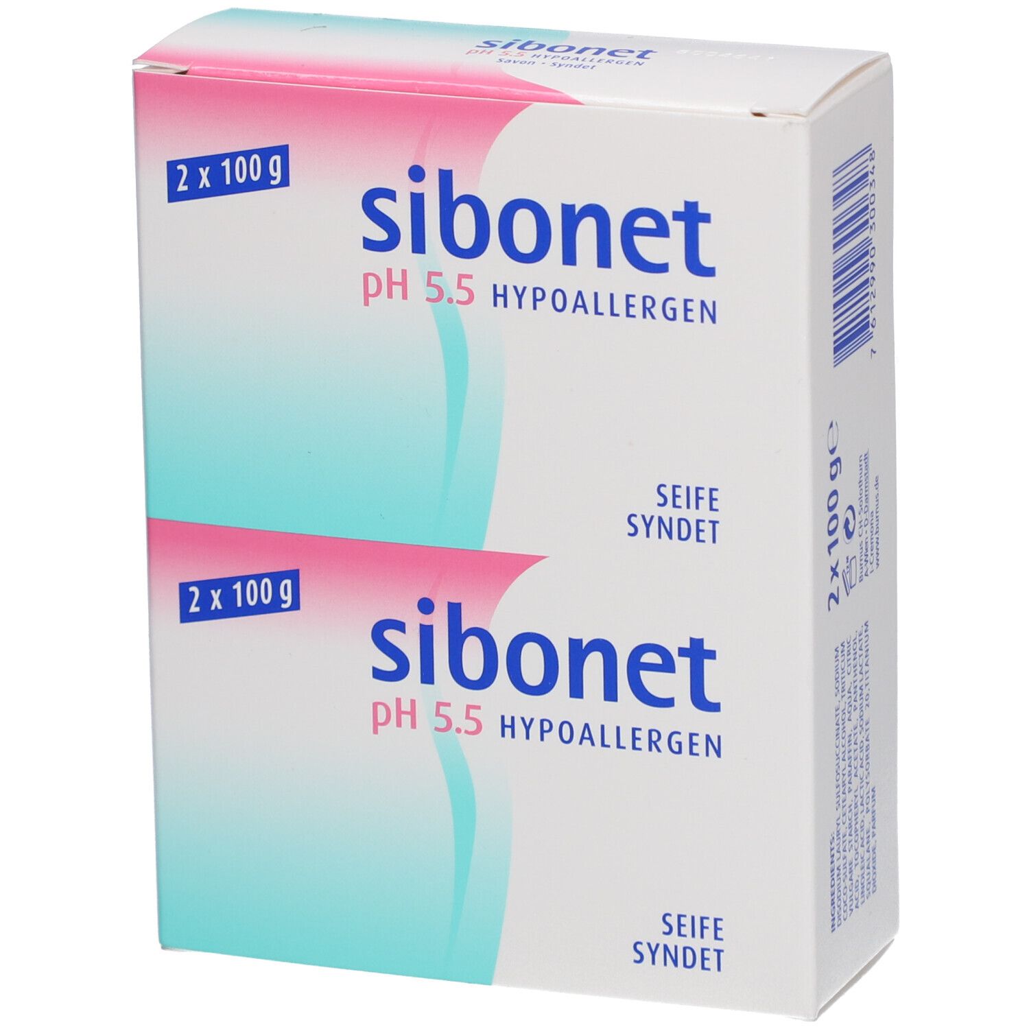 Weiße Verpackung mit Produktnamen und Angaben. Zwei Seifenstücke, 2 x 100 g. pH 5,5 hypoallergen.