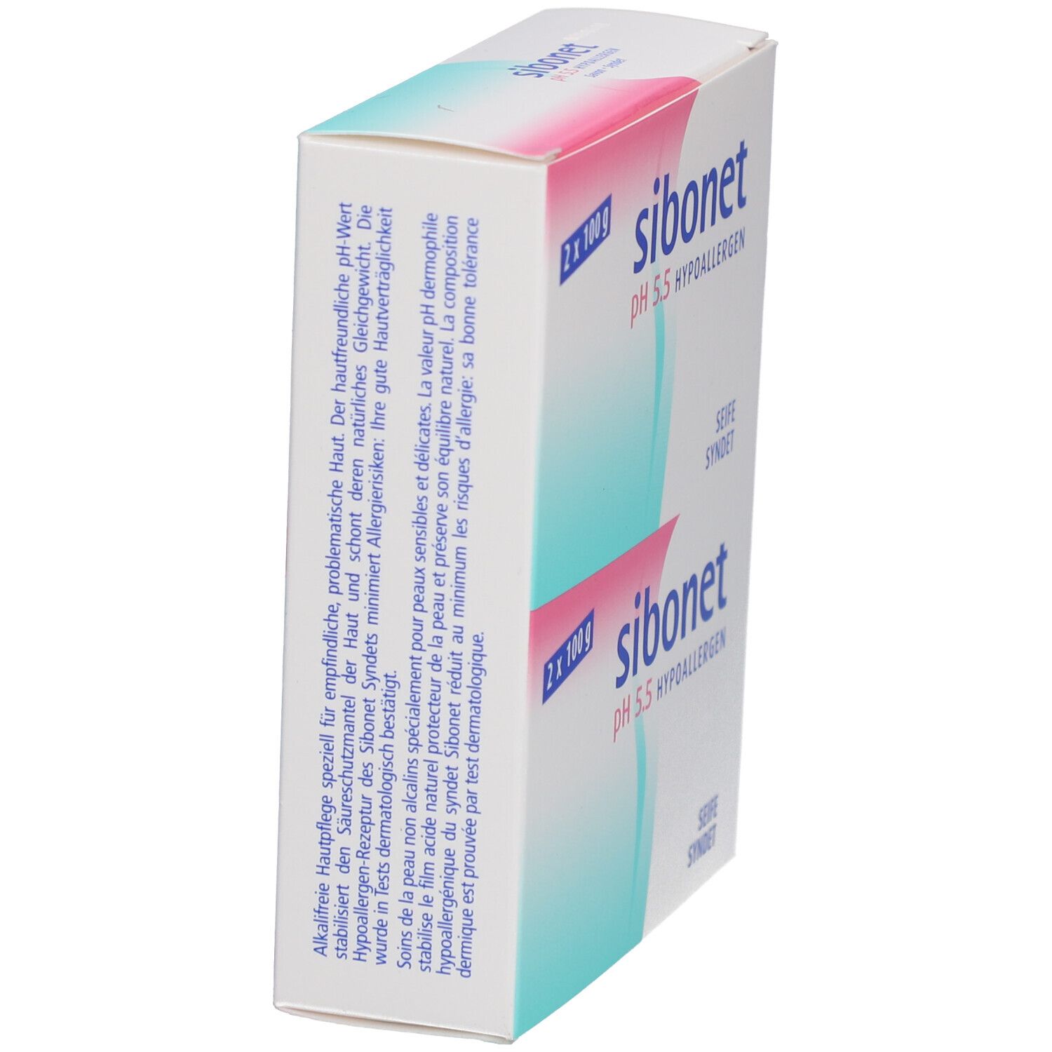 Schräg stehende weiße Verpackung mit Produktnamen und Angaben. Text in Deutsch und Französisch.
