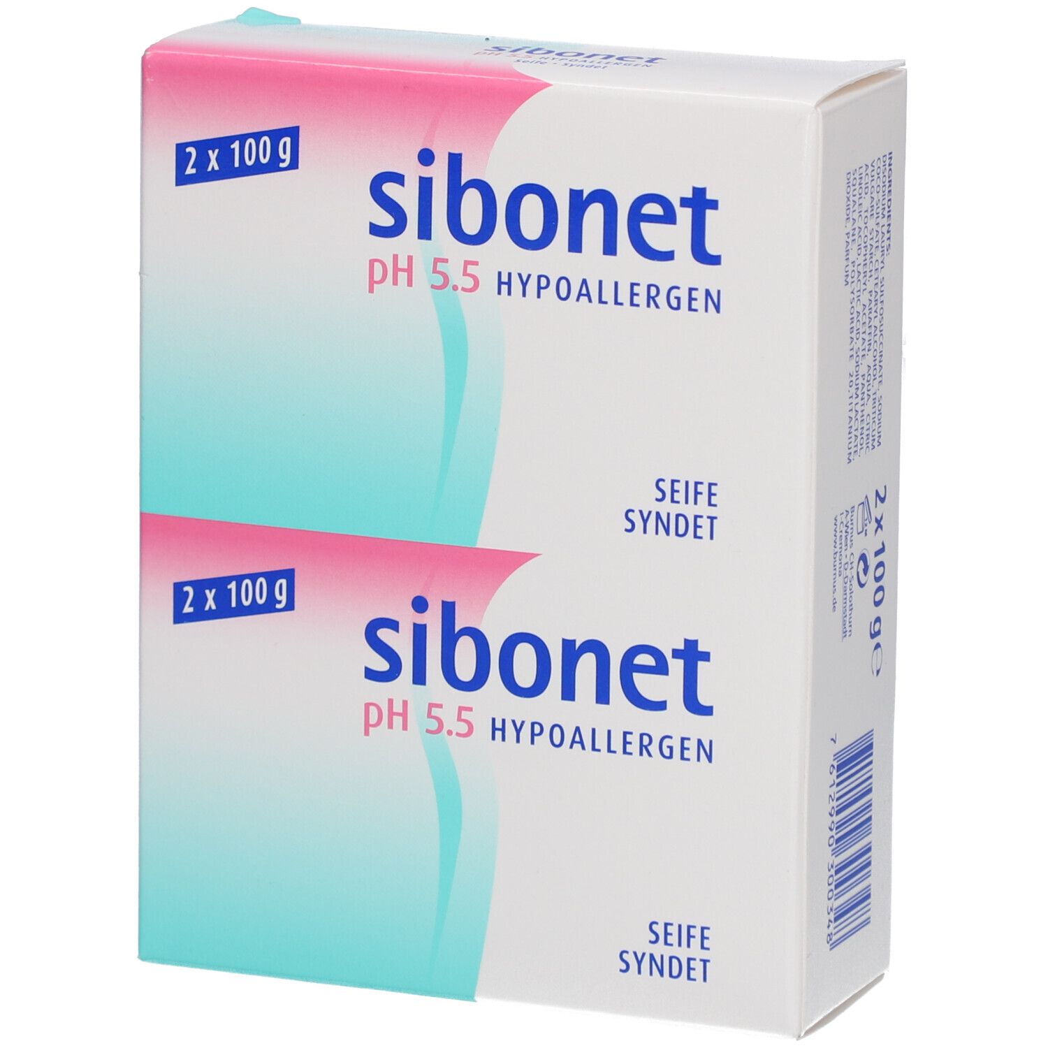 Weiße Verpackung mit Produktnamen und Angaben. Zwei Seifenstücke, 2 x 100 g. pH 5,5 hypoallergen.