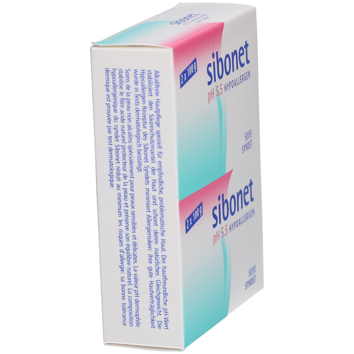 Schräg stehende weiße Verpackung mit Produktnamen und Angaben. Text in Deutsch und Französisch.