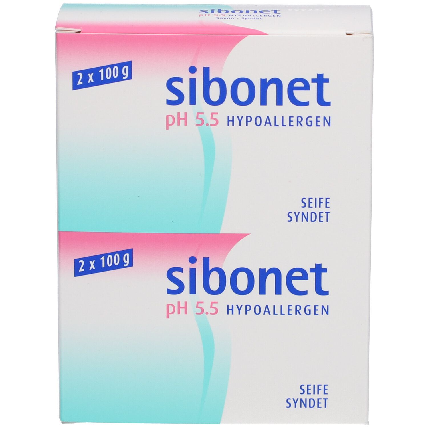 Weiße Verpackung mit Produktnamen und Angaben. Zwei Seifenstücke, 2 x 100 g. pH 5,5 hypoallergen.