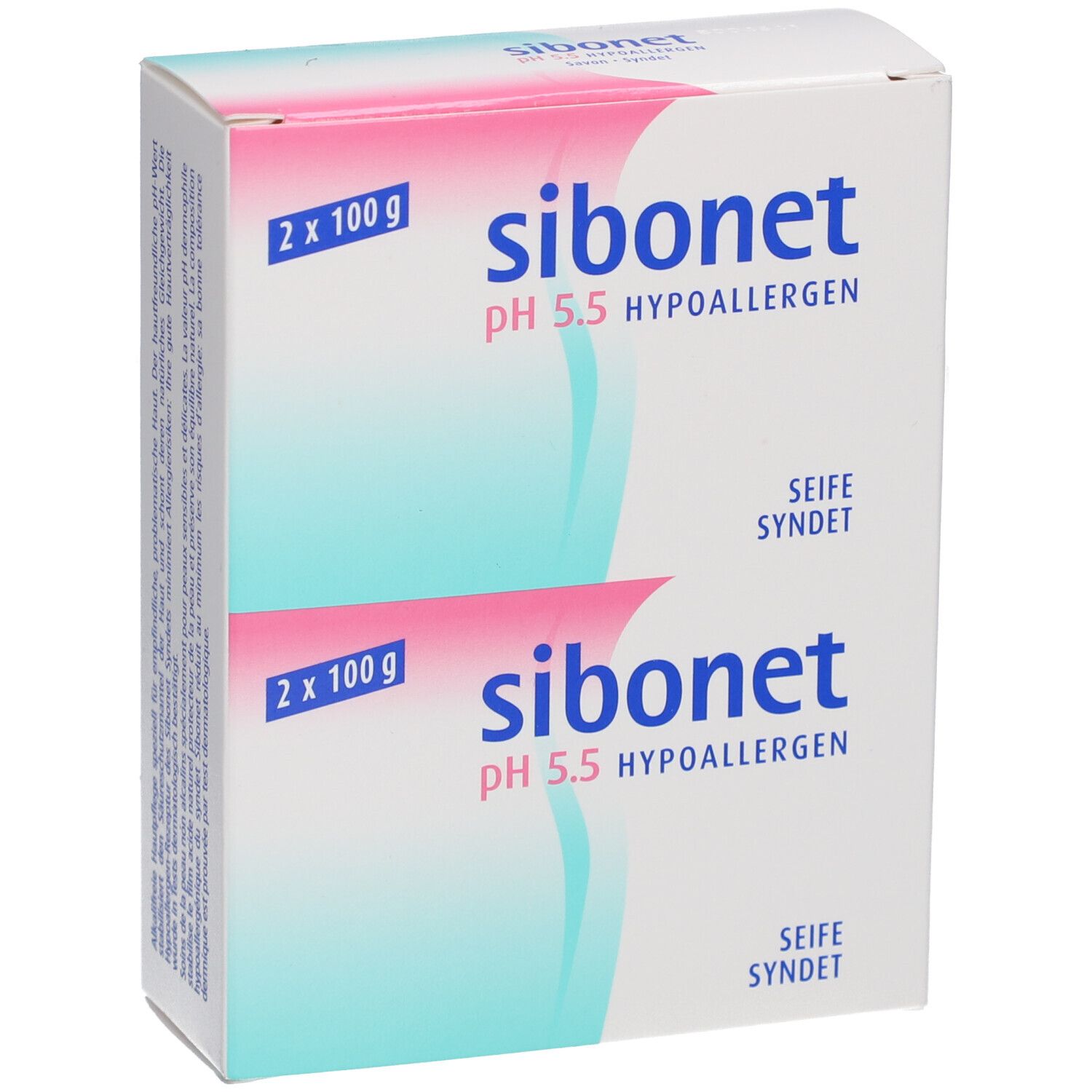 Weiße Verpackung mit Produktnamen und Angaben. Zwei Seifenstücke, 2 x 100 g. pH 5,5 hypoallergen.