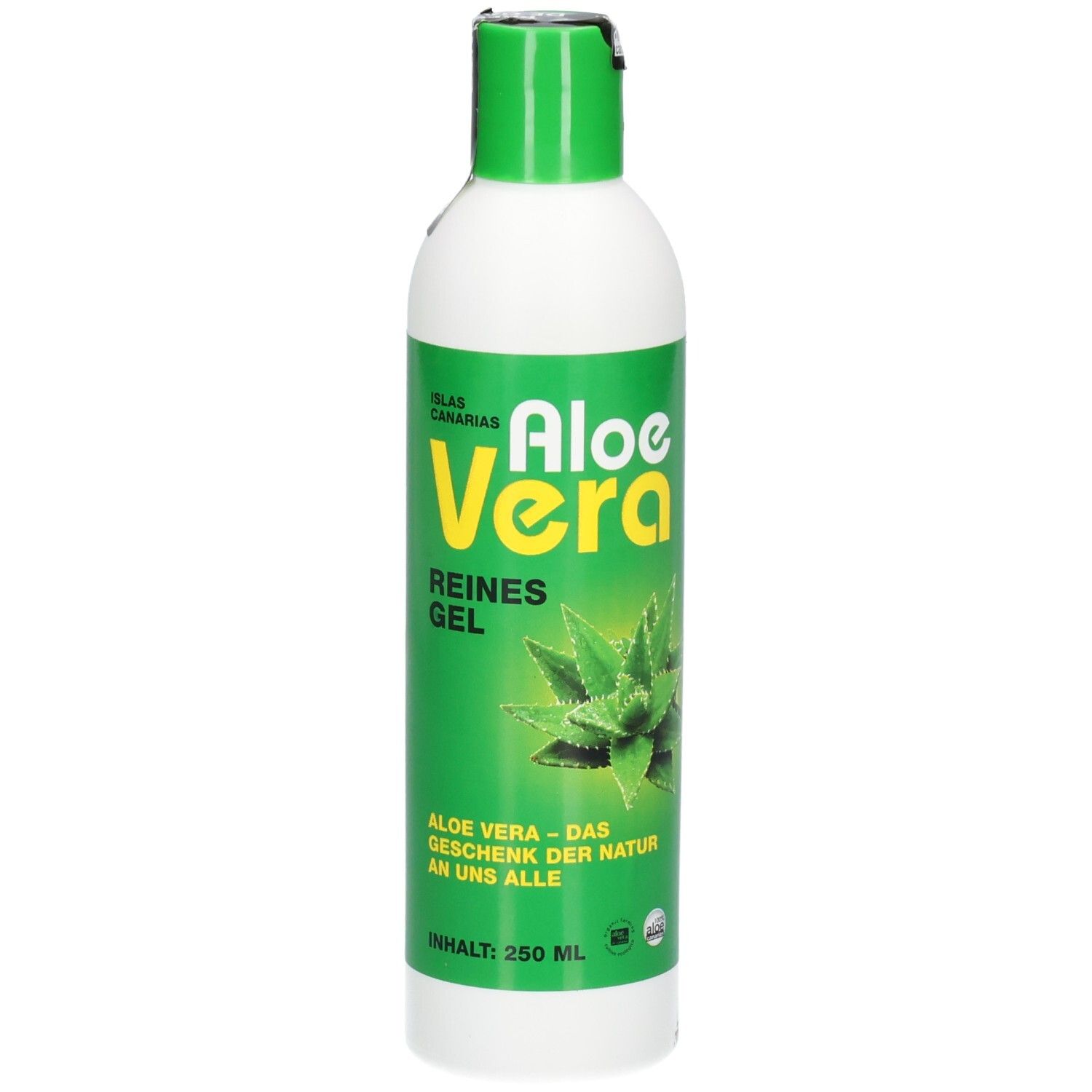 Weiße Flasche mit grünem Etikett. Aufschrift Aloe Vera, reines Gel. Aloe Vera-Geschenk der Natur. Enthält 250 ml.
