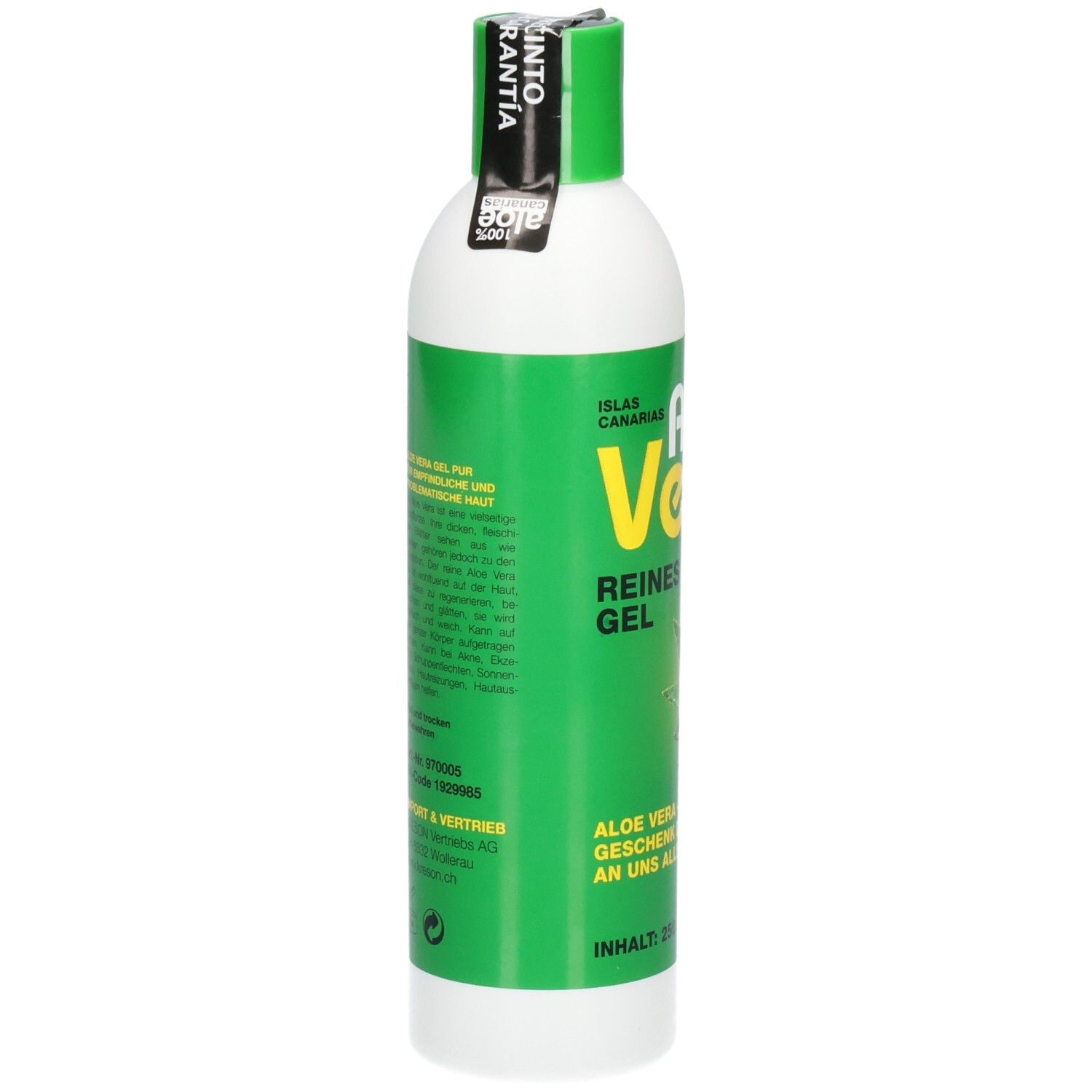 Weiße Flasche mit grünem Etikett. Text auf Deutsch. Aufschrift Aloe Vera, reines Gel. Rückseite mit Text und Logo.