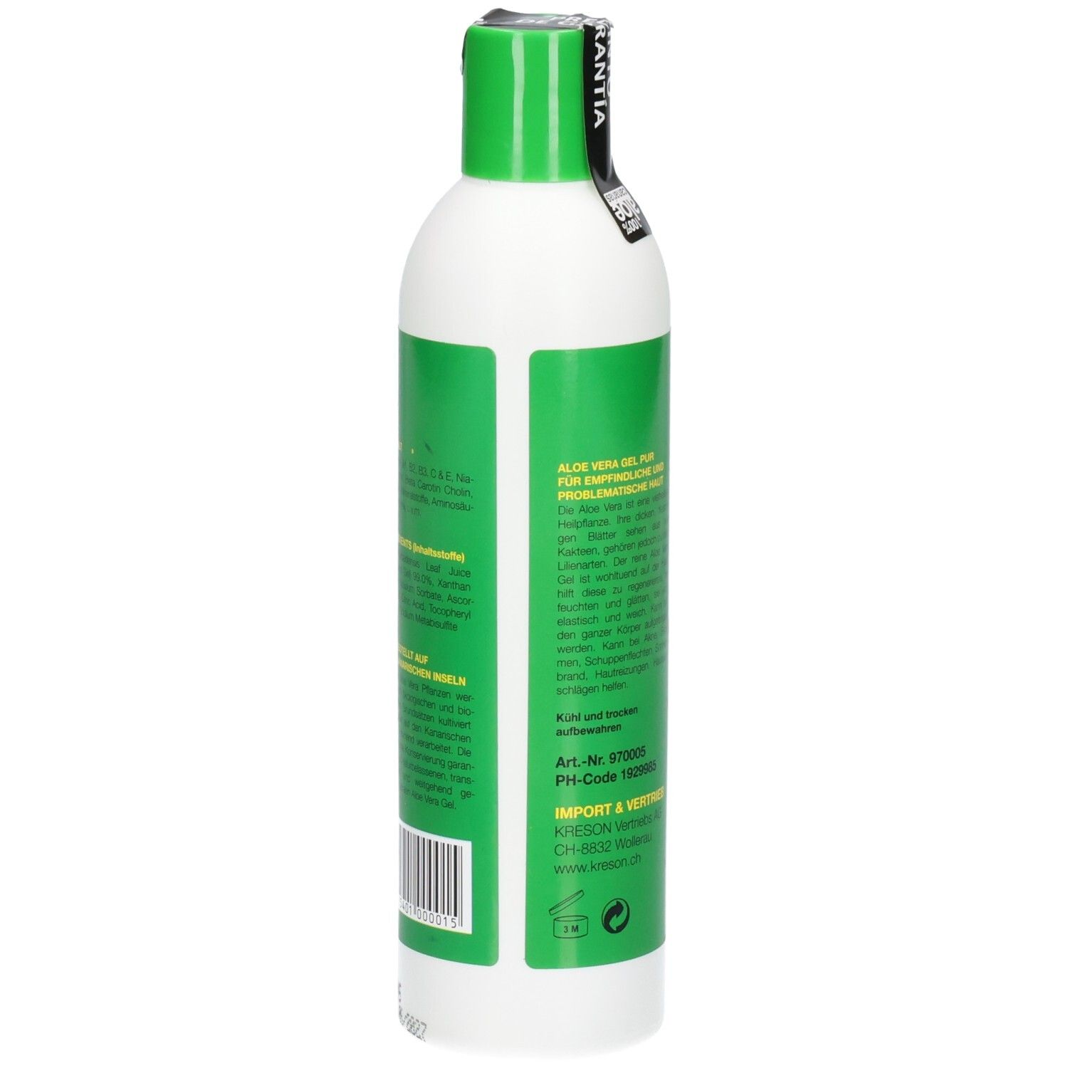 Rückansicht der Flasche. Grünes Etikett mit Text. Aufschrift Aloe Vera. Mit Siegel. Text in Deutsch.