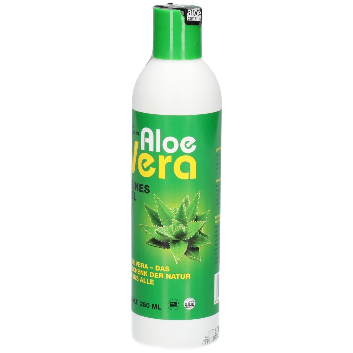 Weiße Flasche mit grünem Etikett. Aufschrift Aloe Vera, reines Gel. Aloe Vera-Geschenk der Natur. Enthält 250 ml.