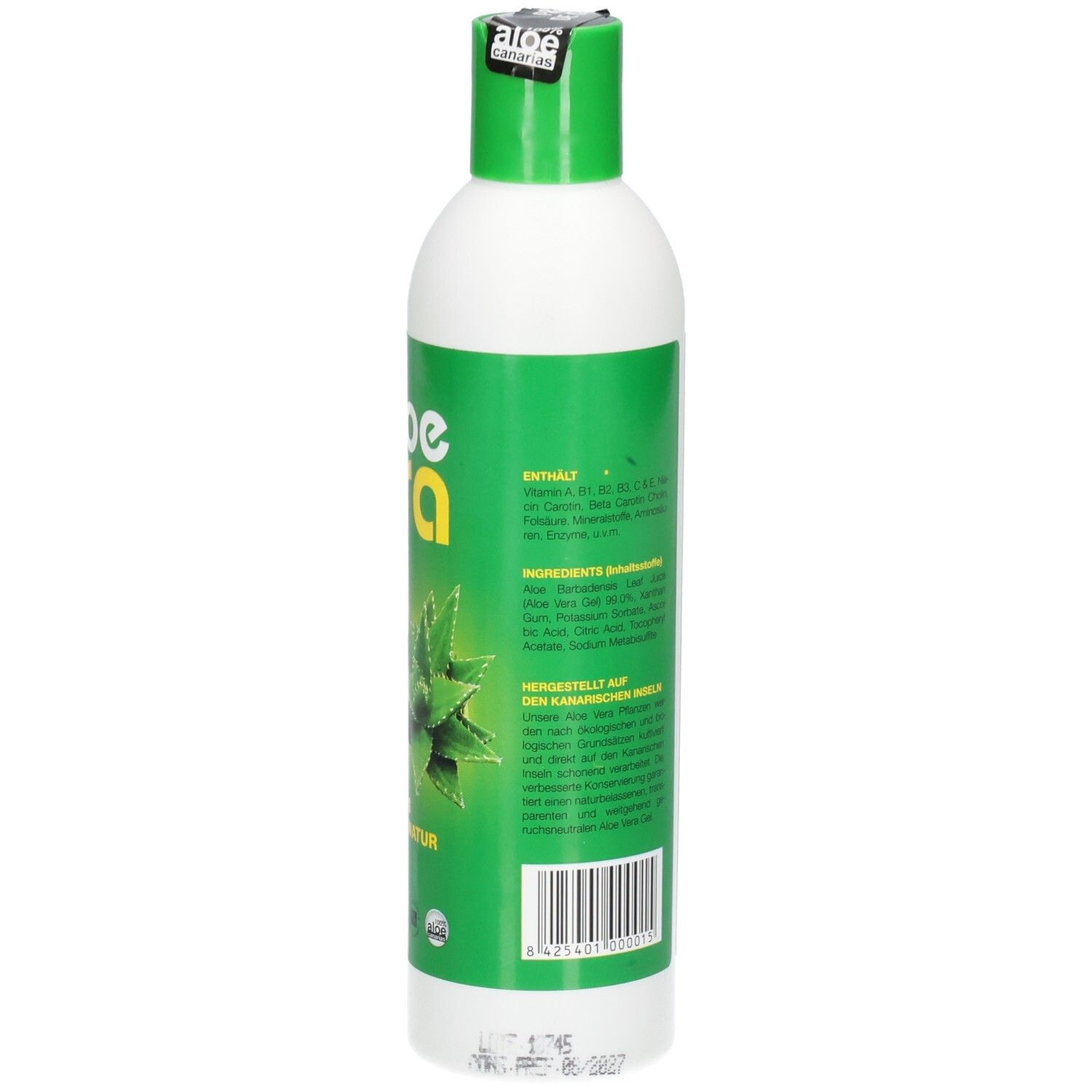 Rückansicht der Flasche. Grünes Etikett mit Text. Aufschrift Aloe Vera. Mit Siegel. Text in Deutsch.