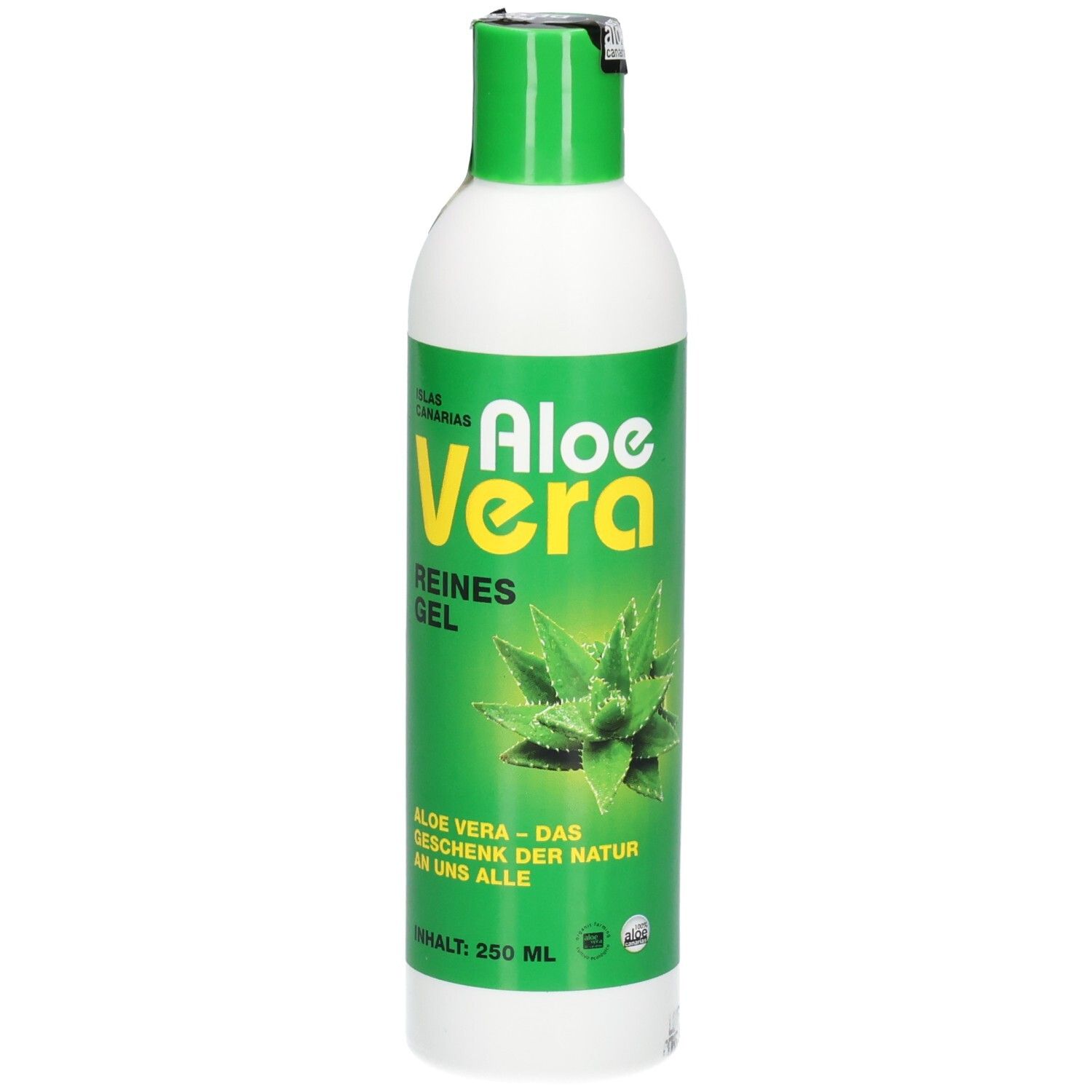Weiße Flasche mit grünem Etikett. Aufschrift Aloe Vera, reines Gel. Aloe Vera-Geschenk der Natur. Enthält 250 ml.