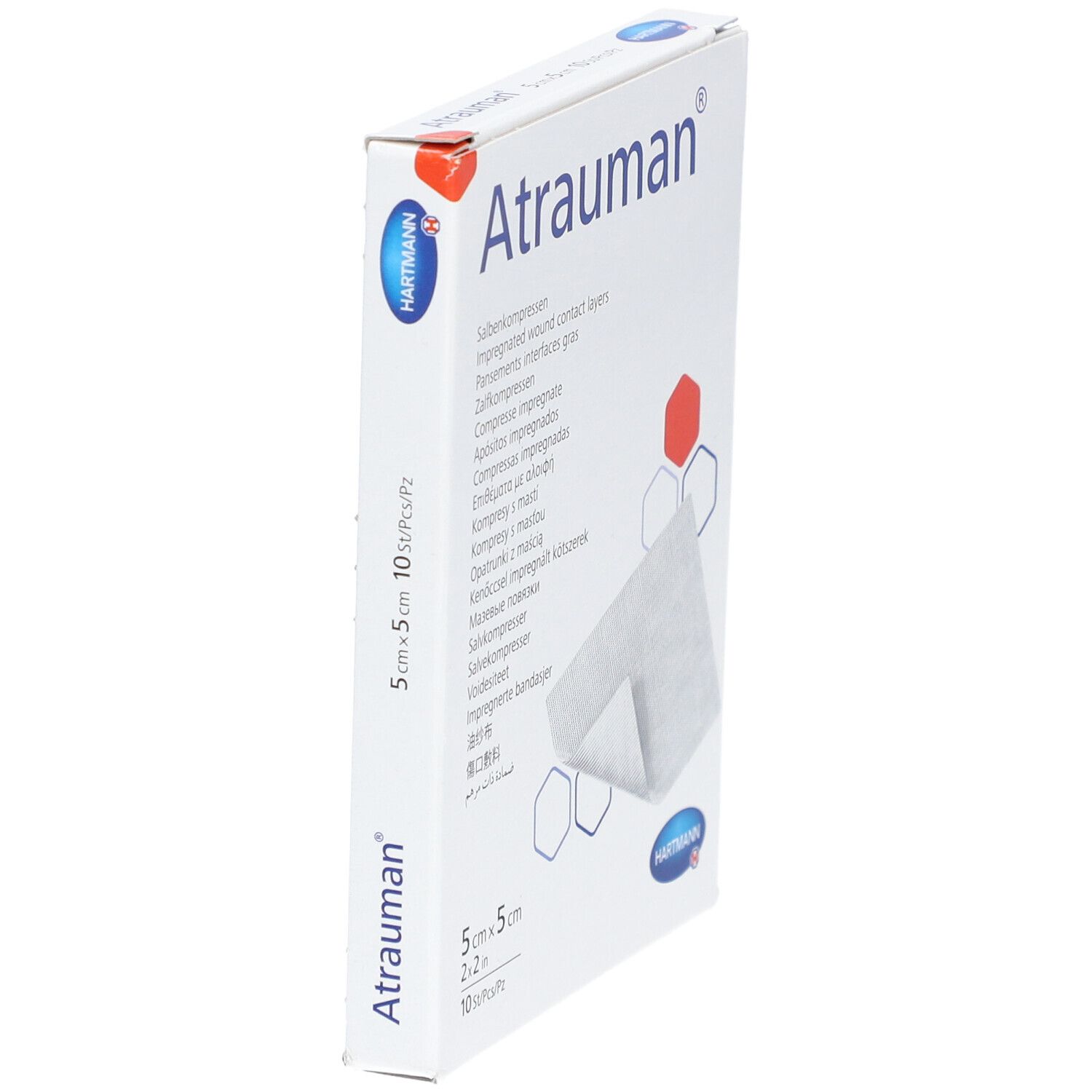 Schrägansicht der Atrauman®-Verpackung. Enthält 10 Salbenkompressen, 5 x 5 cm. Hartmann-Logo.