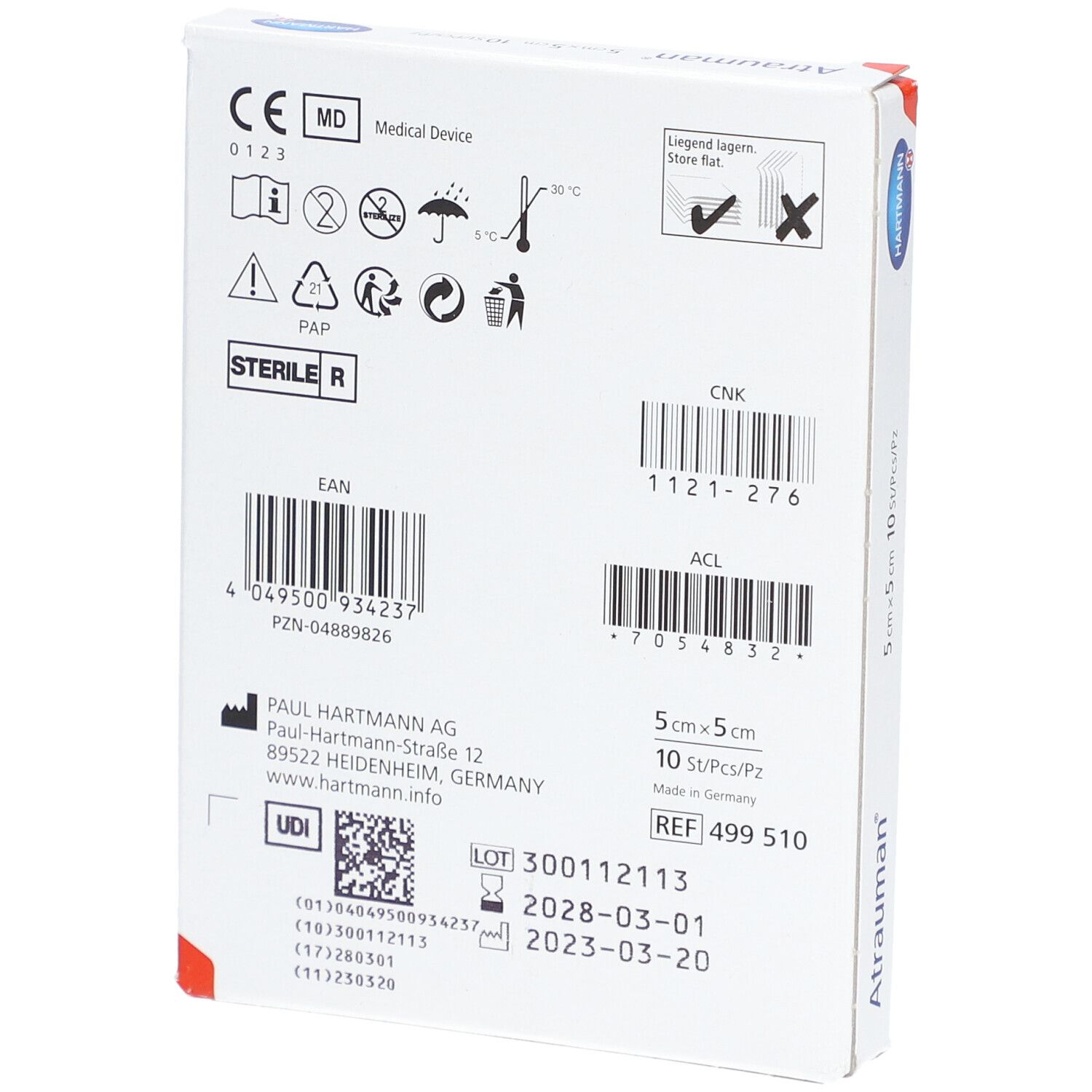 Rückseite der Atrauman®-Verpackung. Informationen zu Hersteller, Chargennummer, Verfallsdatum und Zertifizierungen.