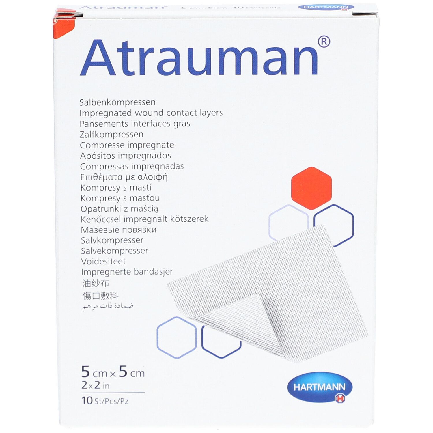 Vorderansicht der Atrauman®-Verpackung. Enthält 10 Salbenkompressen, 5 x 5 cm. Hartmann-Logo unten rechts.
