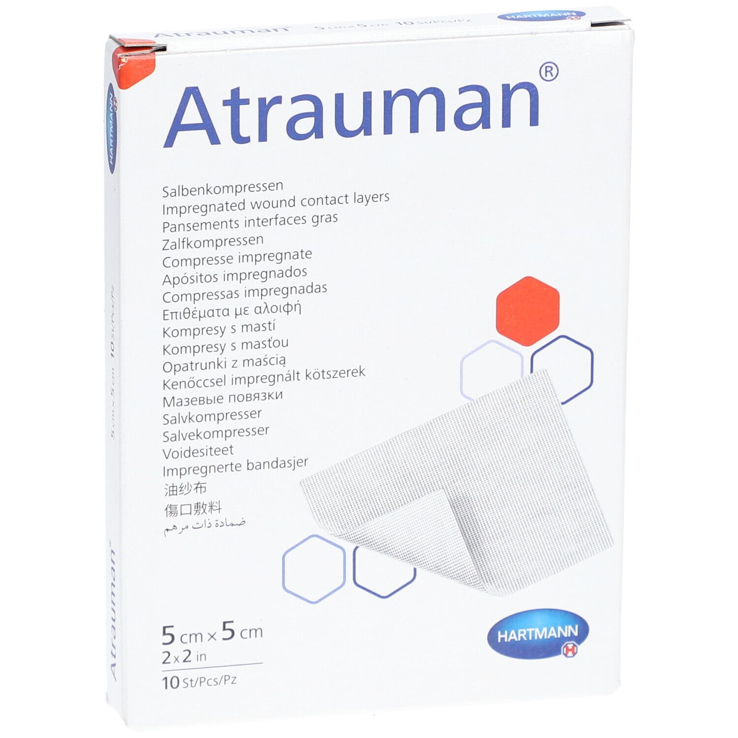 Vorderansicht der Atrauman®-Verpackung. Enthält 10 Salbenkompressen, 5 x 5 cm. Hartmann-Logo unten rechts.