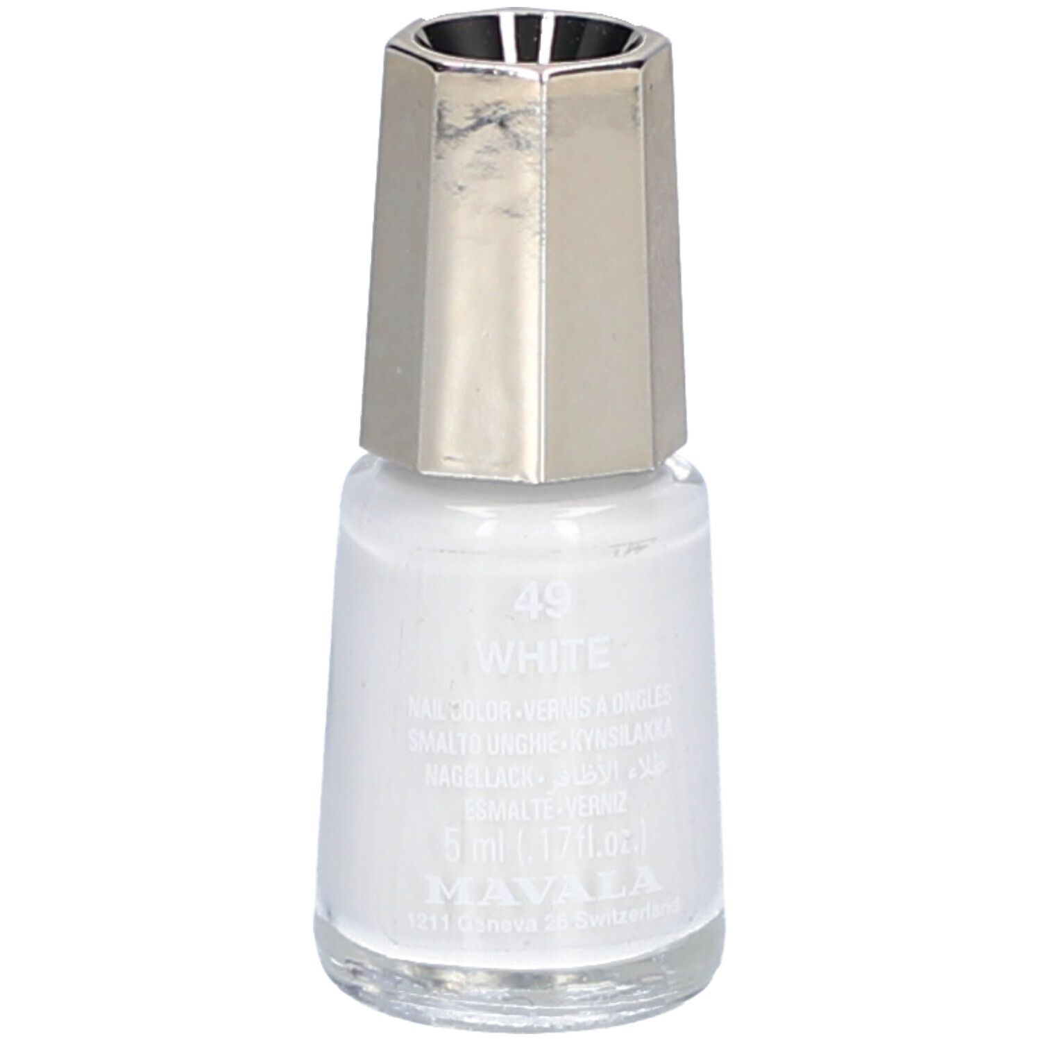 Weiße Nagellackflasche mit silberfarbenem Deckel. Aufschrift: 49 White, MAVALA, 5 ml.