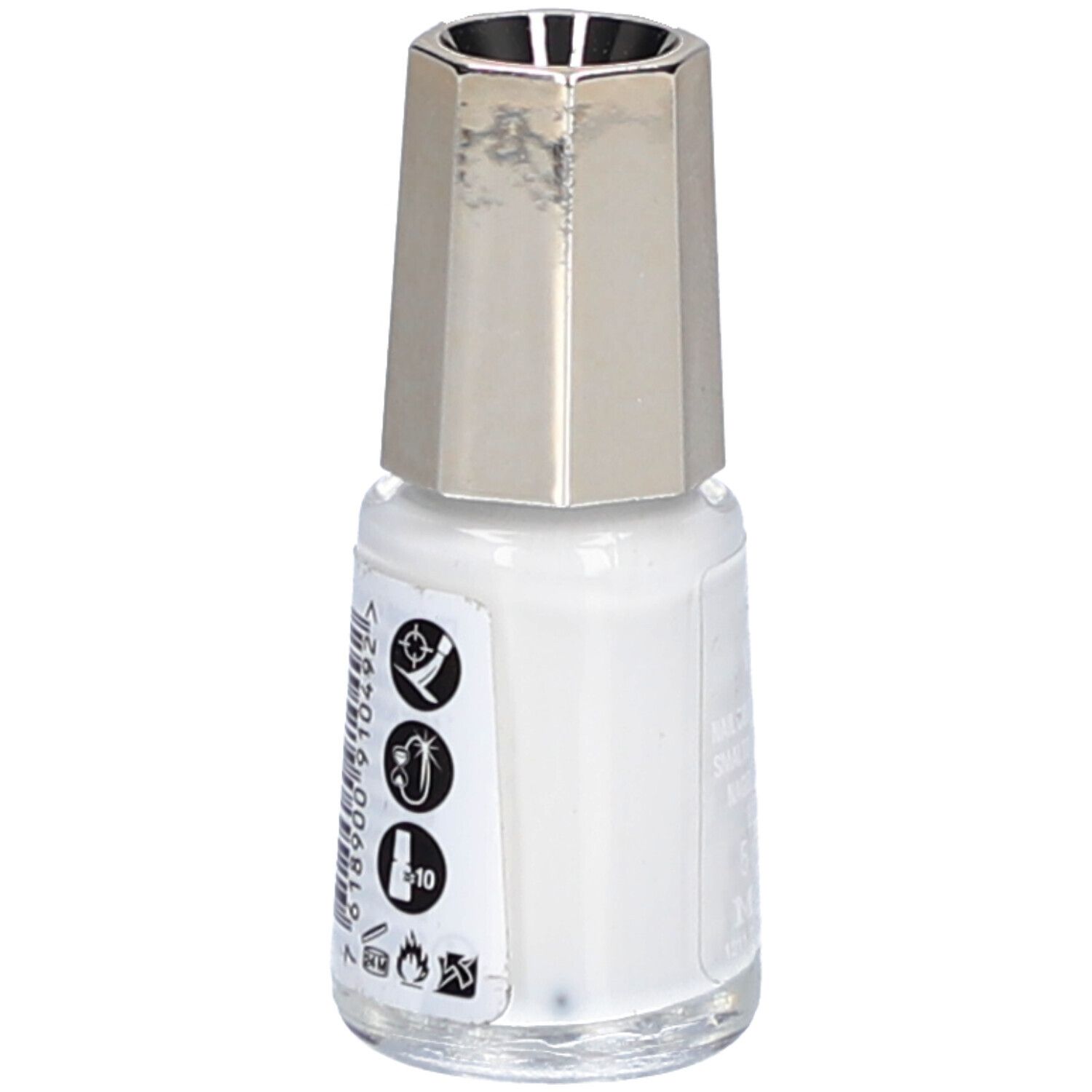 Rückseite einer weißen Nagellackflasche. Aufkleber mit Symbolen und Barcode.