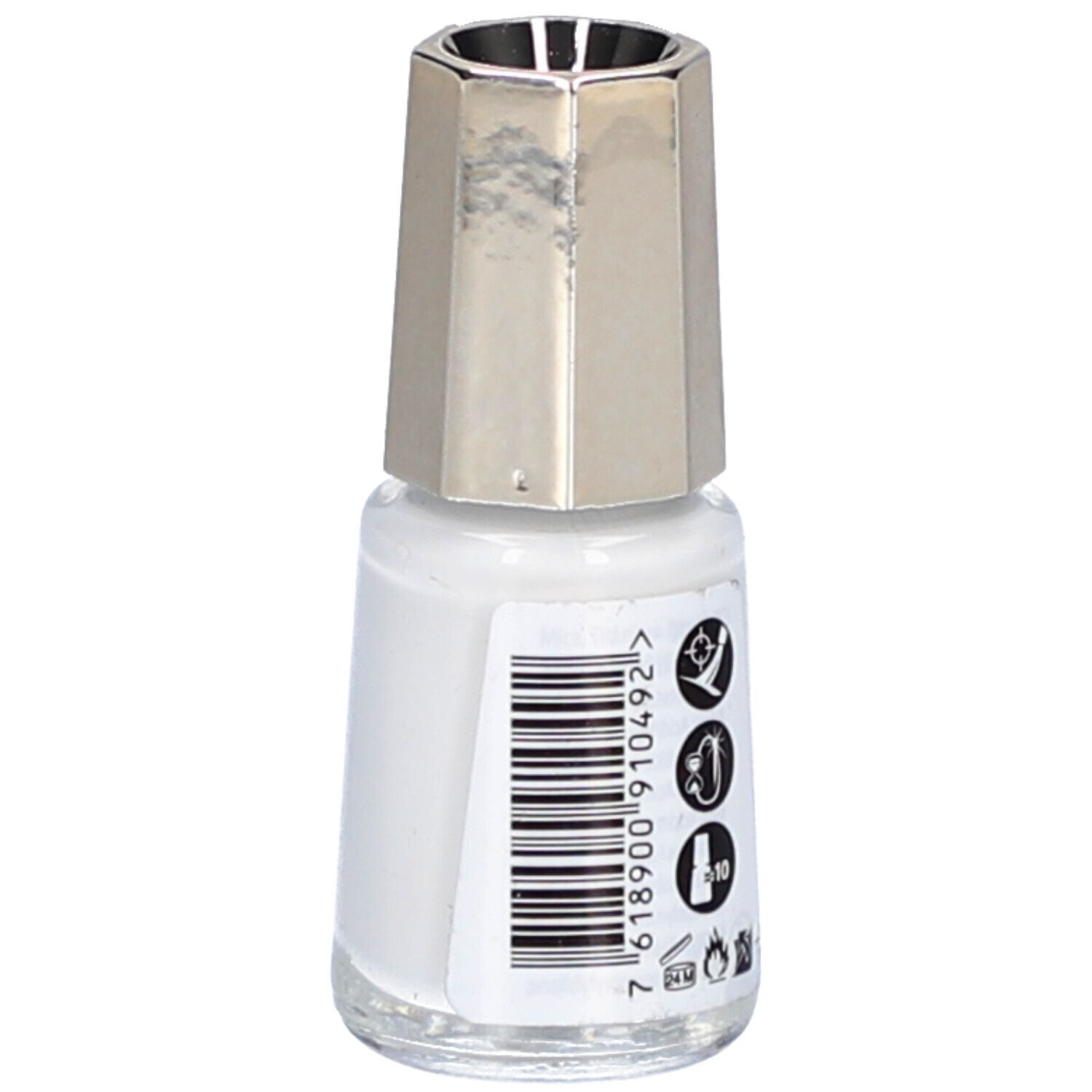 Rückseite einer weißen Nagellackflasche mit Barcode und Symbolen.