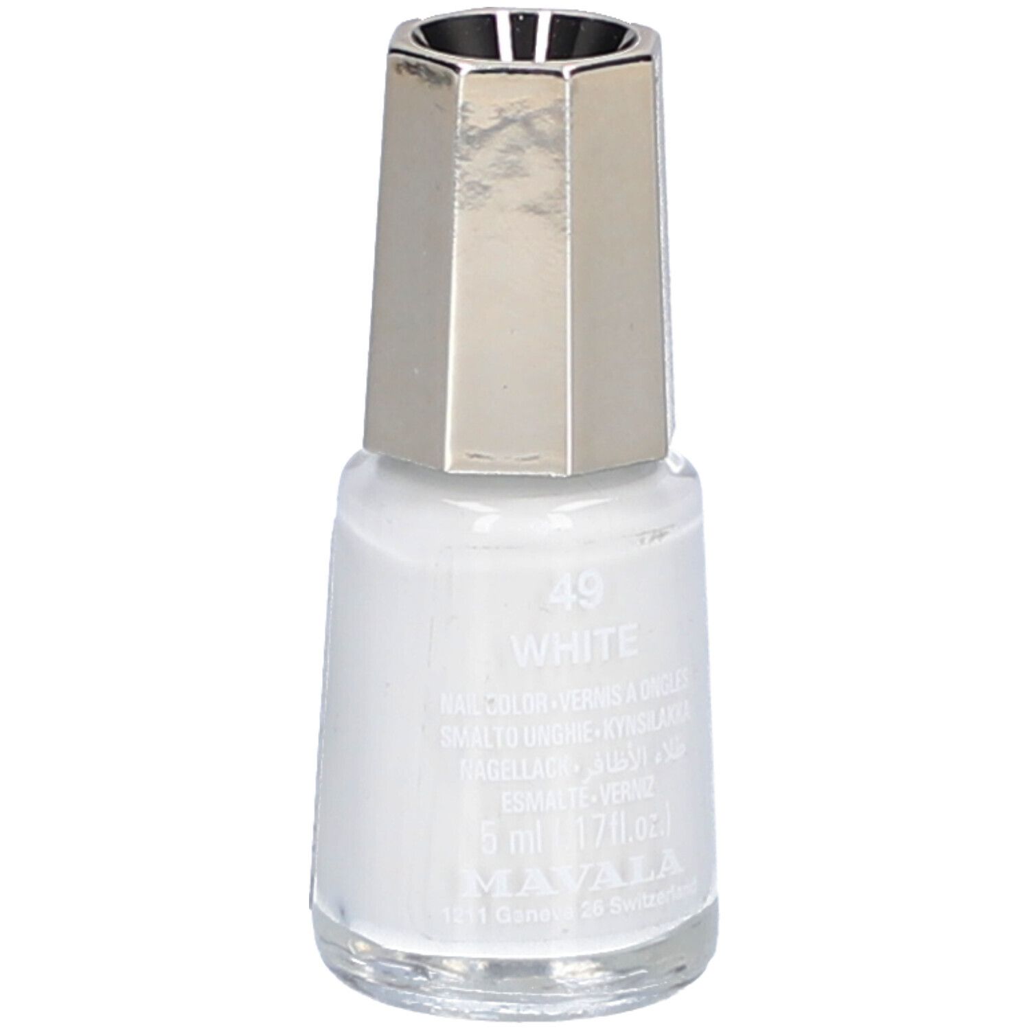 Weiße Nagellackflasche mit silberfarbenem Deckel. Aufschrift: 49 White, MAVALA, 5 ml.