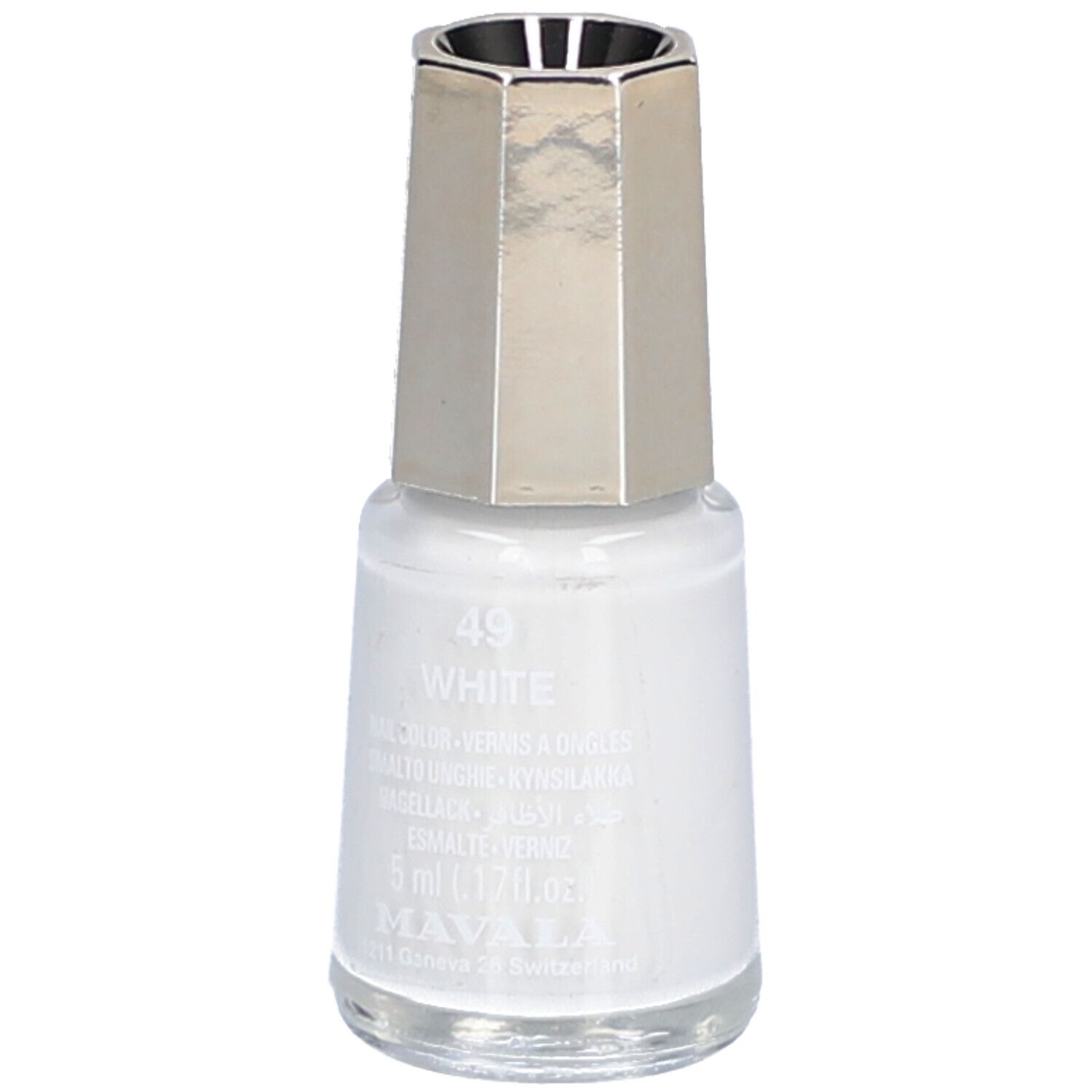 Weiße Nagellackflasche mit silberfarbenem Deckel. Aufschrift: 49 White, MAVALA, 5 ml.