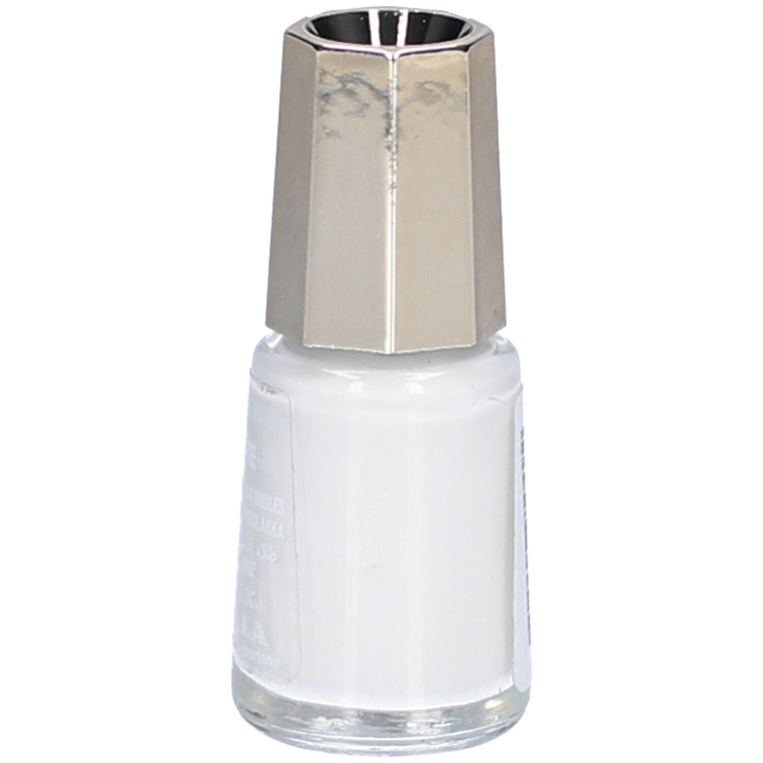 Weiße Nagellackflasche mit silberfarbenem Deckel. Aufschrift: 49 White, MAVALA, 5 ml.
