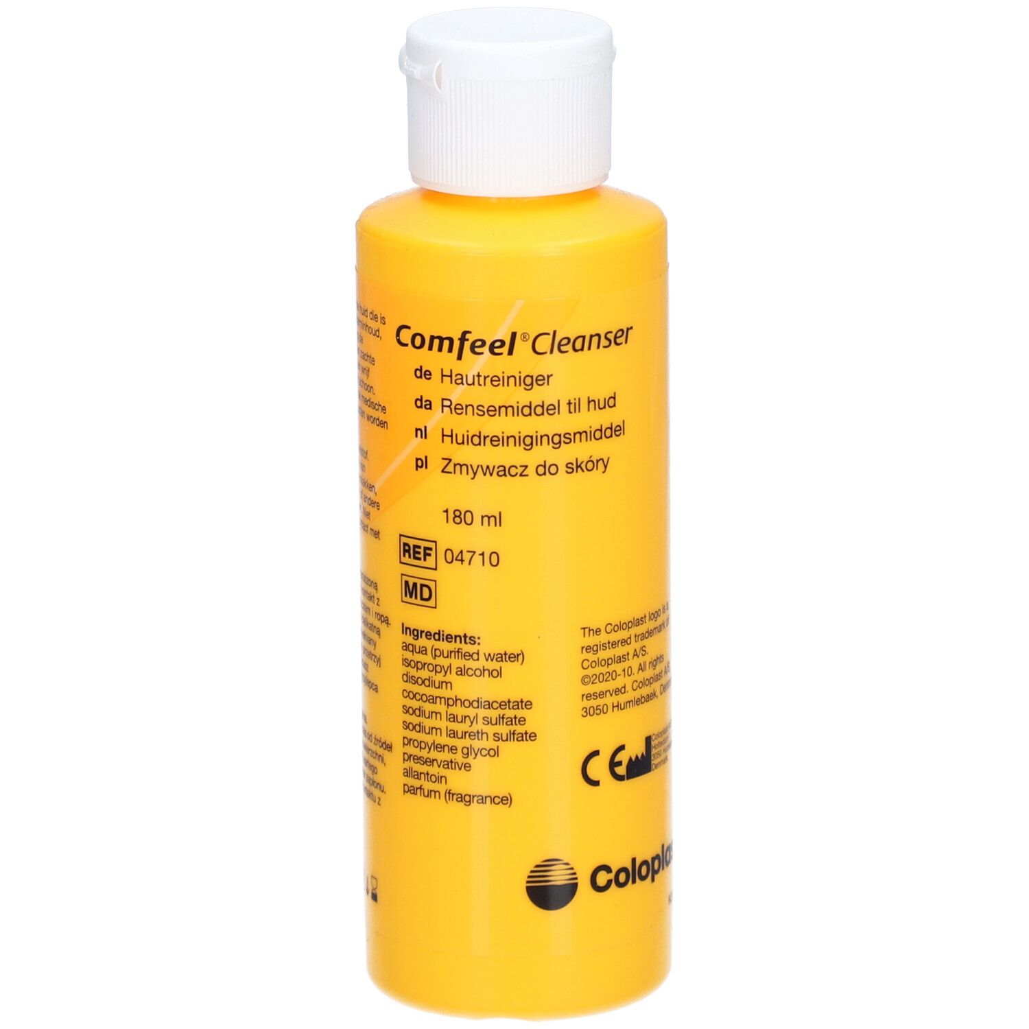 Gelbe Flasche mit weißem Deckel. Aufschrift: Comfeel Cleanser. Enthält 180 ml. Inhaltsstoffe und Herstellerinformationen sind ebenfalls angegeben.