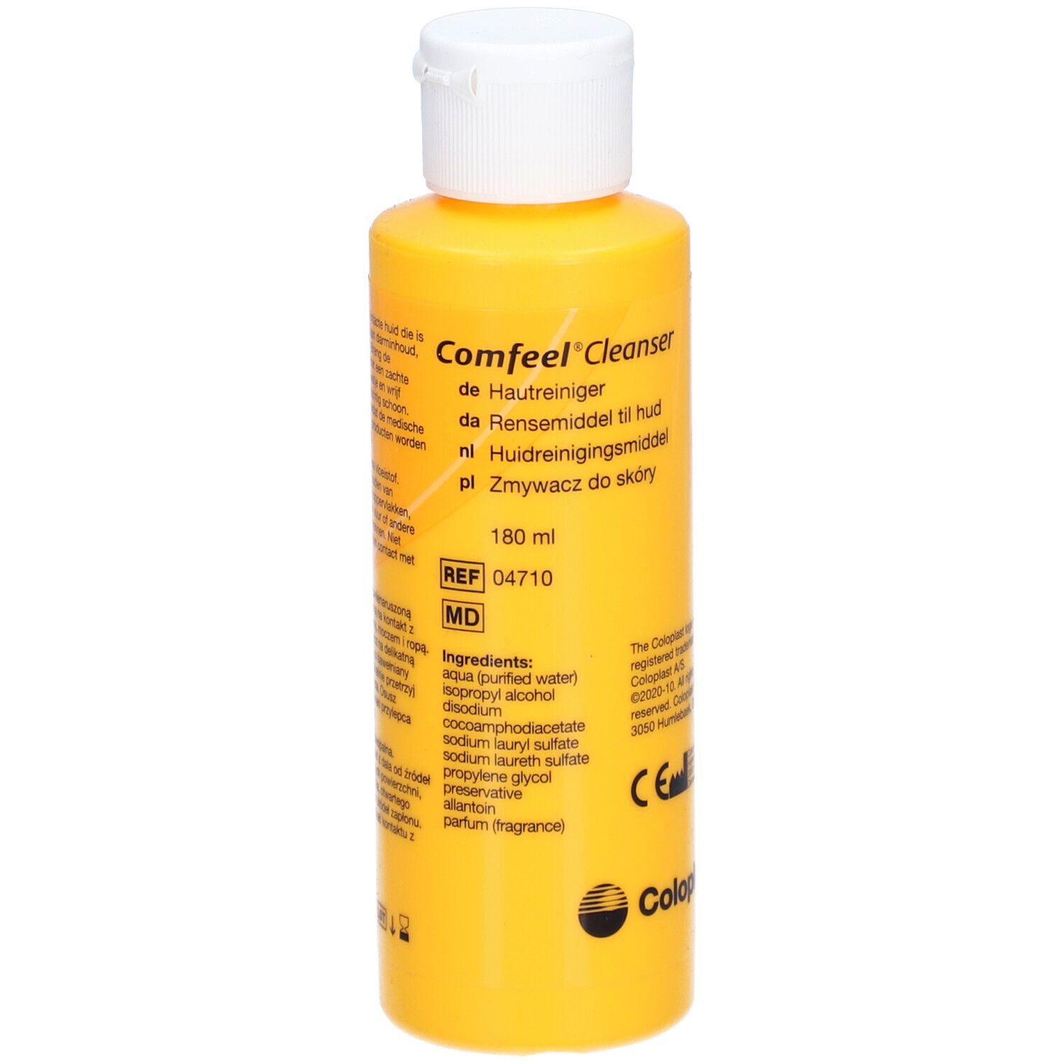 Gelbe Flasche mit weißem Deckel. Aufschrift: Comfeel Cleanser. Enthält 180 ml. Inhaltsstoffe und Herstellerinformationen sind ebenfalls angegeben.