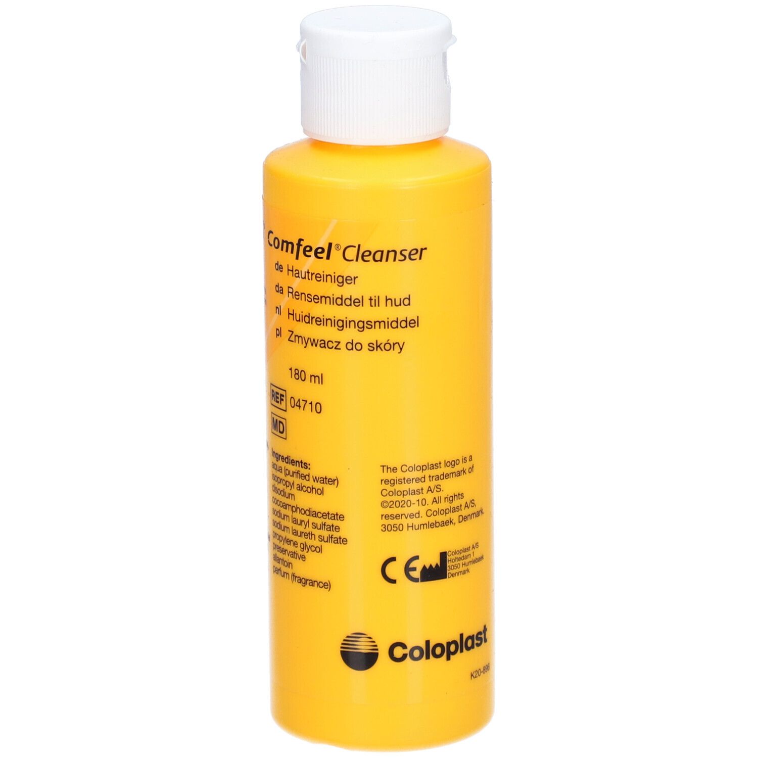 Gelbe Flasche mit weißem Deckel. Aufschrift: Comfeel Cleanser. Enthält 180 ml. Inhaltsstoffe und Herstellerinformationen sind ebenfalls angegeben.