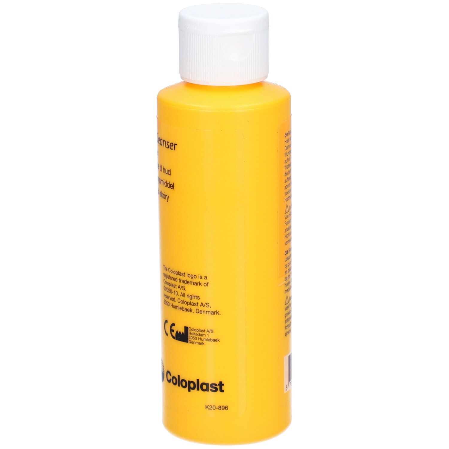 Gelbe Flasche mit weißem Deckel. Aufschrift: Comfeel Cleanser. Herstellerlogo Coloplast.