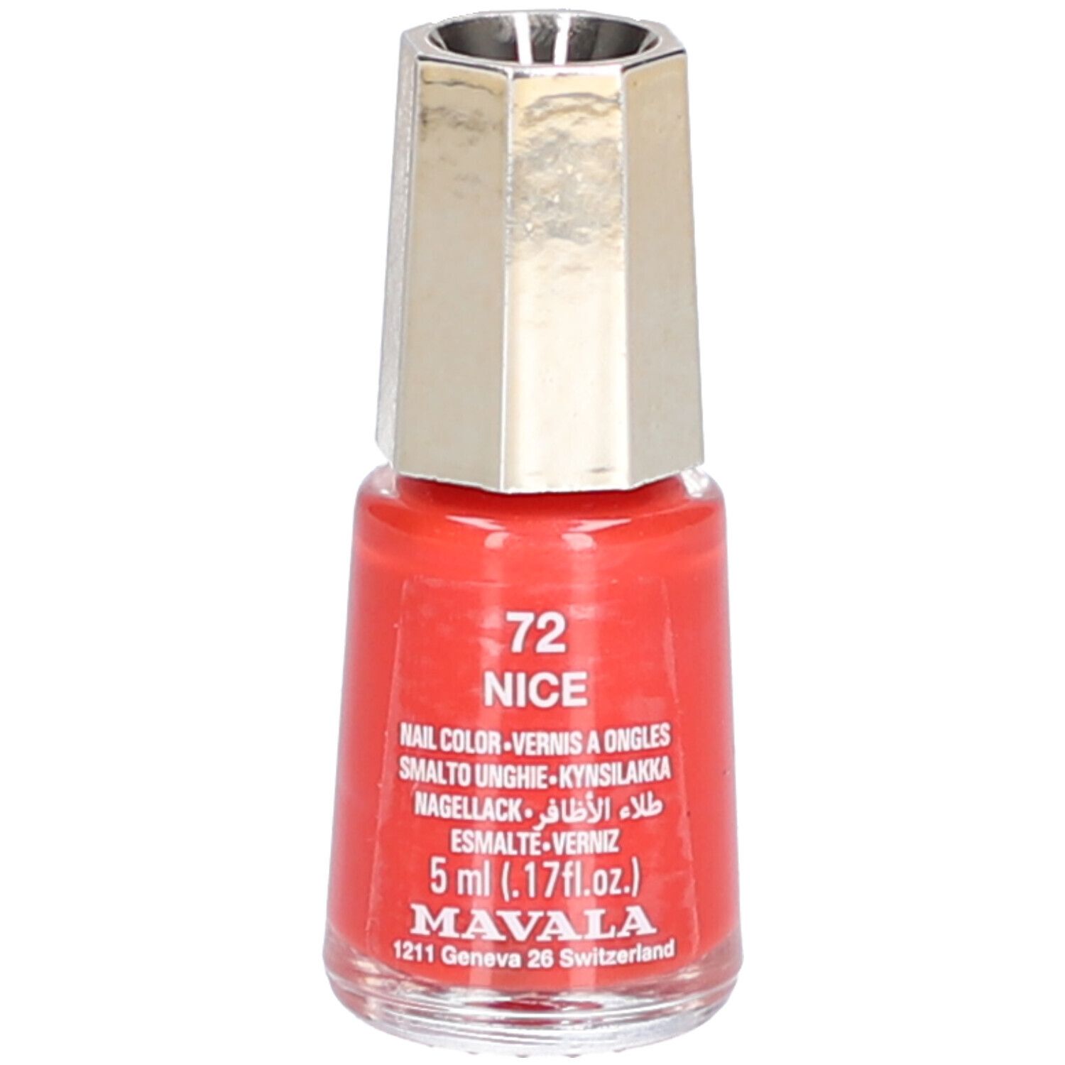 Nagellackflasche, rot, mit silberfarbenem Deckel. Aufschrift: 72 NICE, Nagellack, 5 ml, MAVALA.