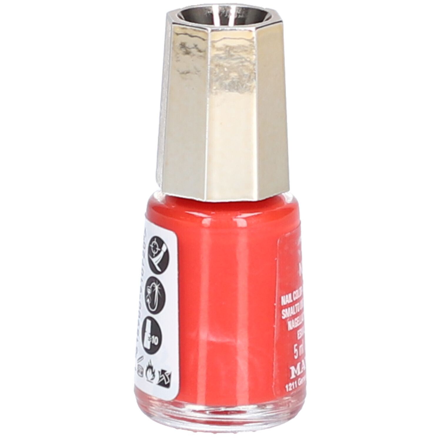 Nagellackflasche, rot, mit silberfarbenem Deckel. Auf der Seite Symbole und Text.