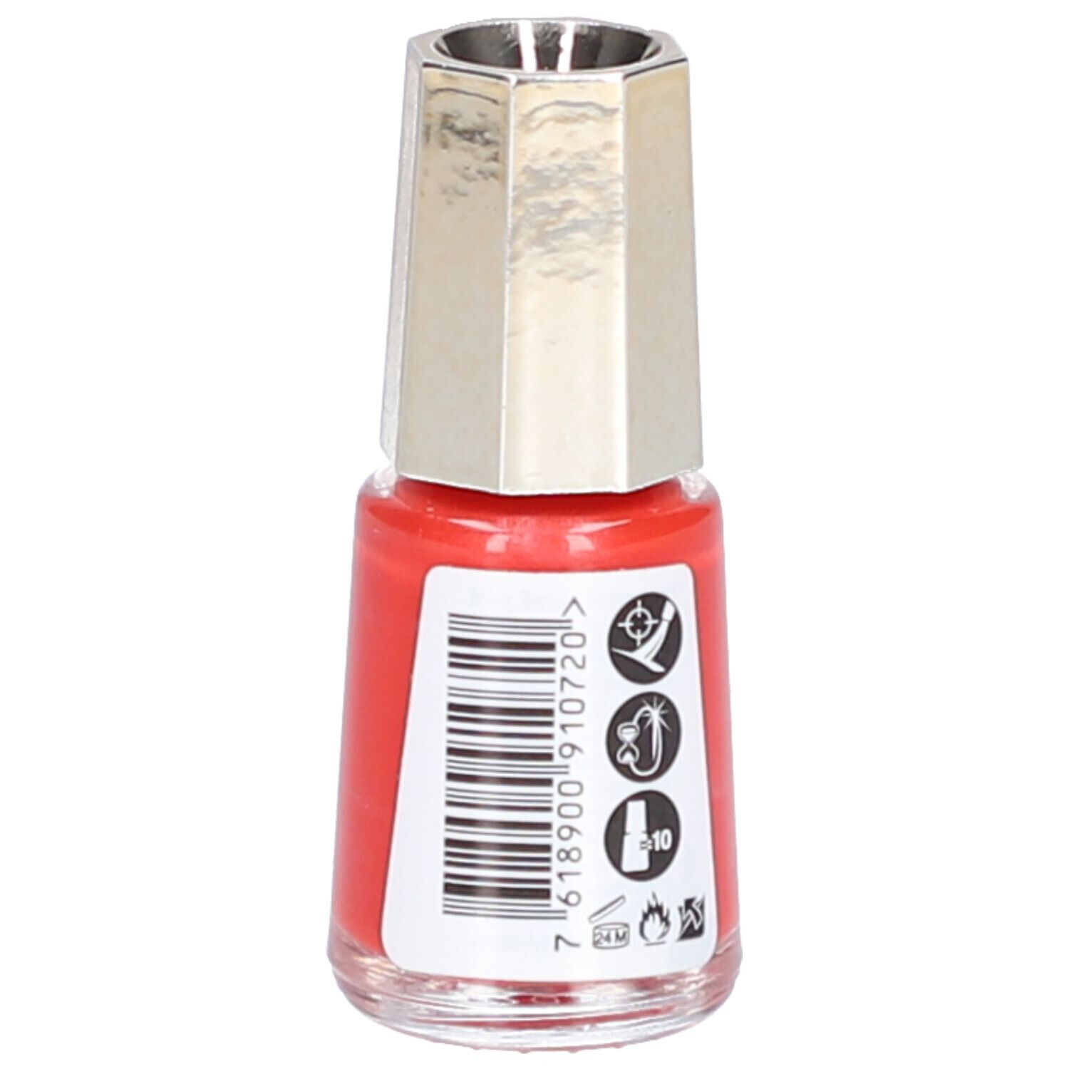 Nagellackflasche, rot, mit silberfarbenem Deckel. Auf der Rückseite Barcode und Symbole.