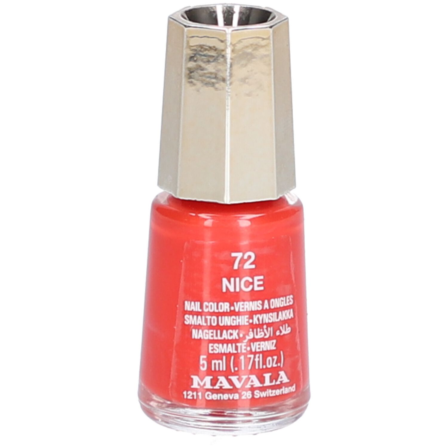 Nagellackflasche, rot, mit silberfarbenem Deckel. Aufschrift: 72 NICE, Nagellack, 5 ml, MAVALA.