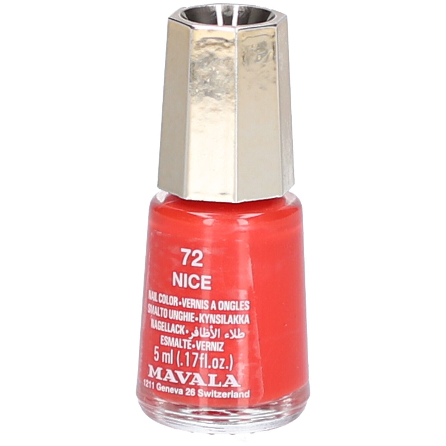 Nagellackflasche, rot, mit silberfarbenem Deckel. Aufschrift: 72 NICE, Nagellack, 5 ml, MAVALA.