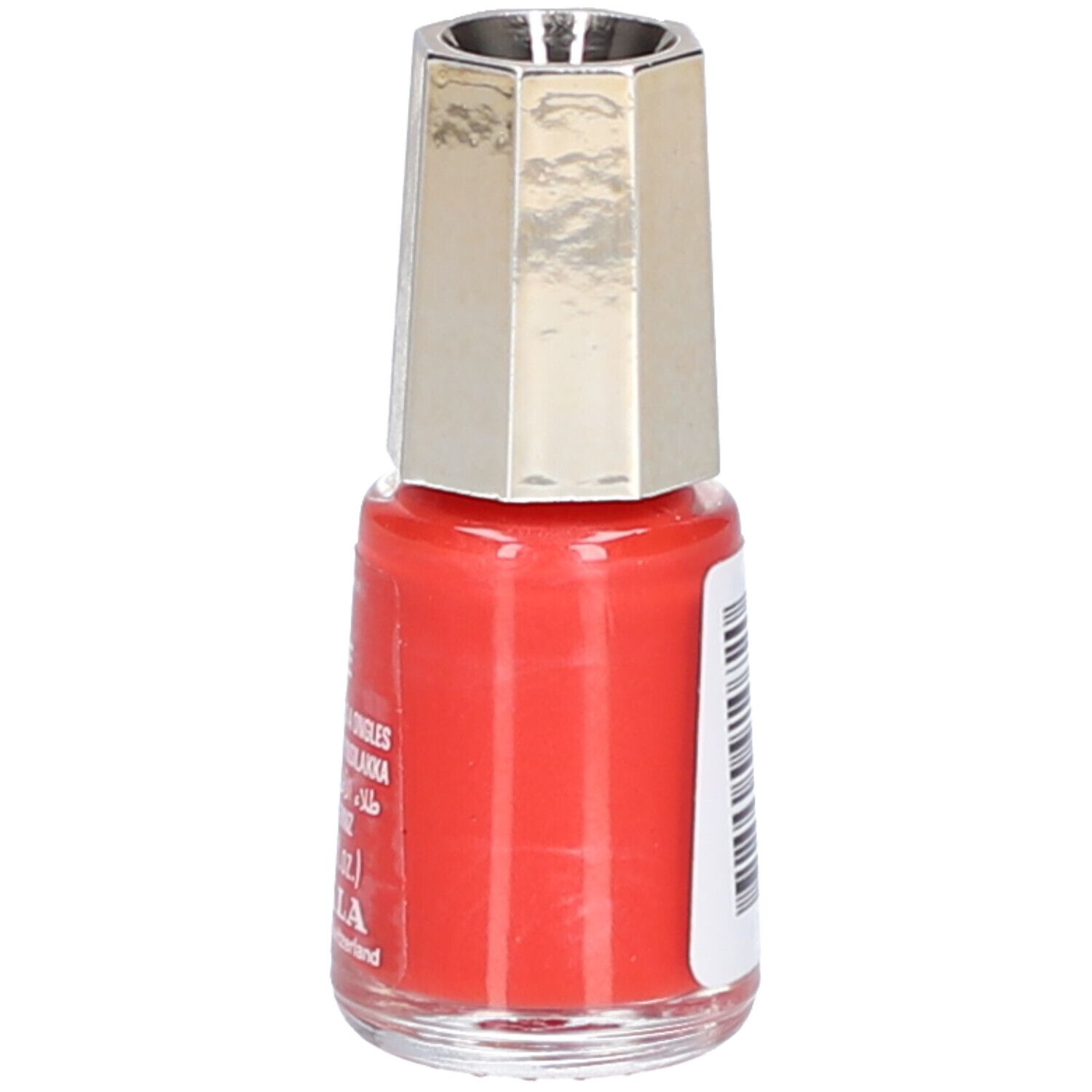 Nagellackflasche, rot, mit silberfarbenem Deckel. Auf der Seite Barcode.