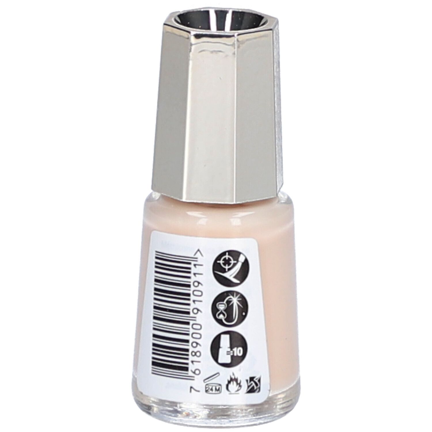 Nagellackflasche, hellbraune Farbe. Silberfarbener Deckel. Aufkleber mit Barcode und Symbolen.