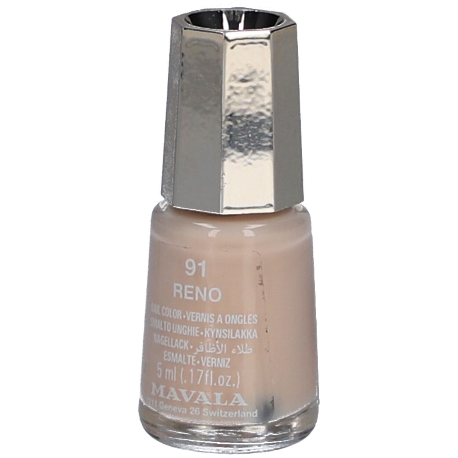 Nagellackflasche, hellbraune Farbe. Silberfarbener Deckel. Aufschrift: 91 Reno, 5 ml, Mavala.