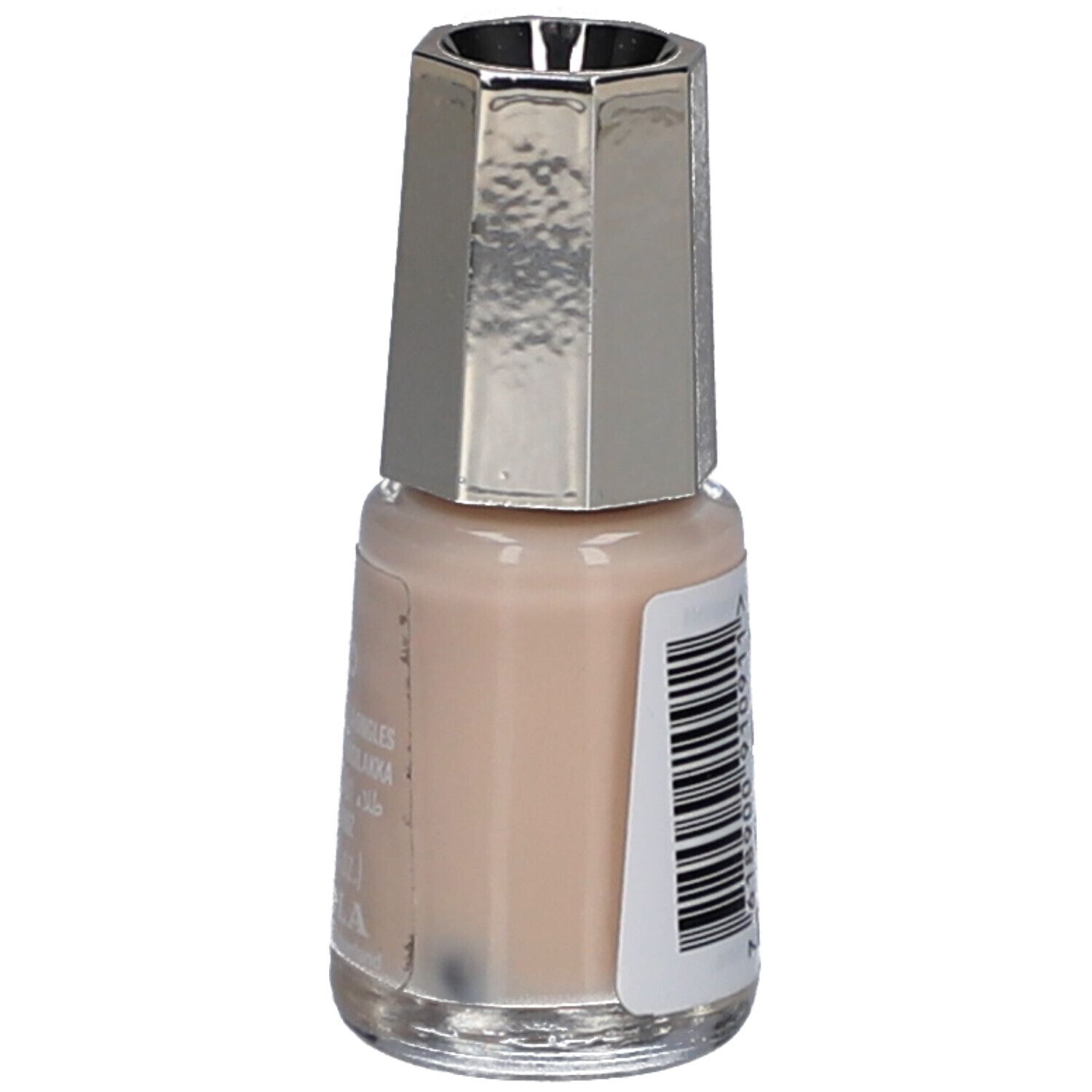 Nagellackflasche, hellbraune Farbe. Silberfarbener Deckel. Aufkleber mit Barcode.