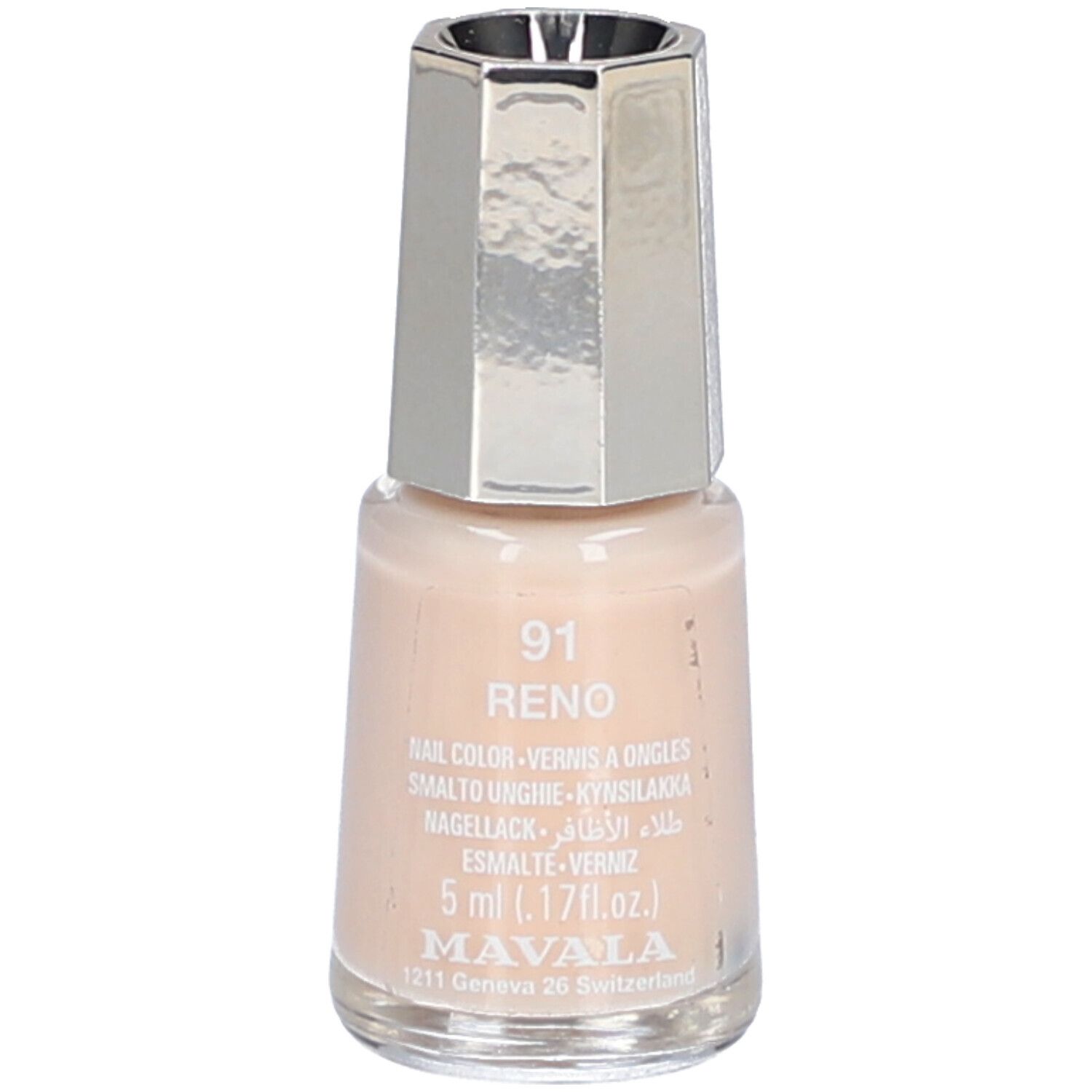 Nagellackflasche, hellbraune Farbe. Silberfarbener Deckel. Aufschrift: 91 Reno, 5 ml, Mavala.