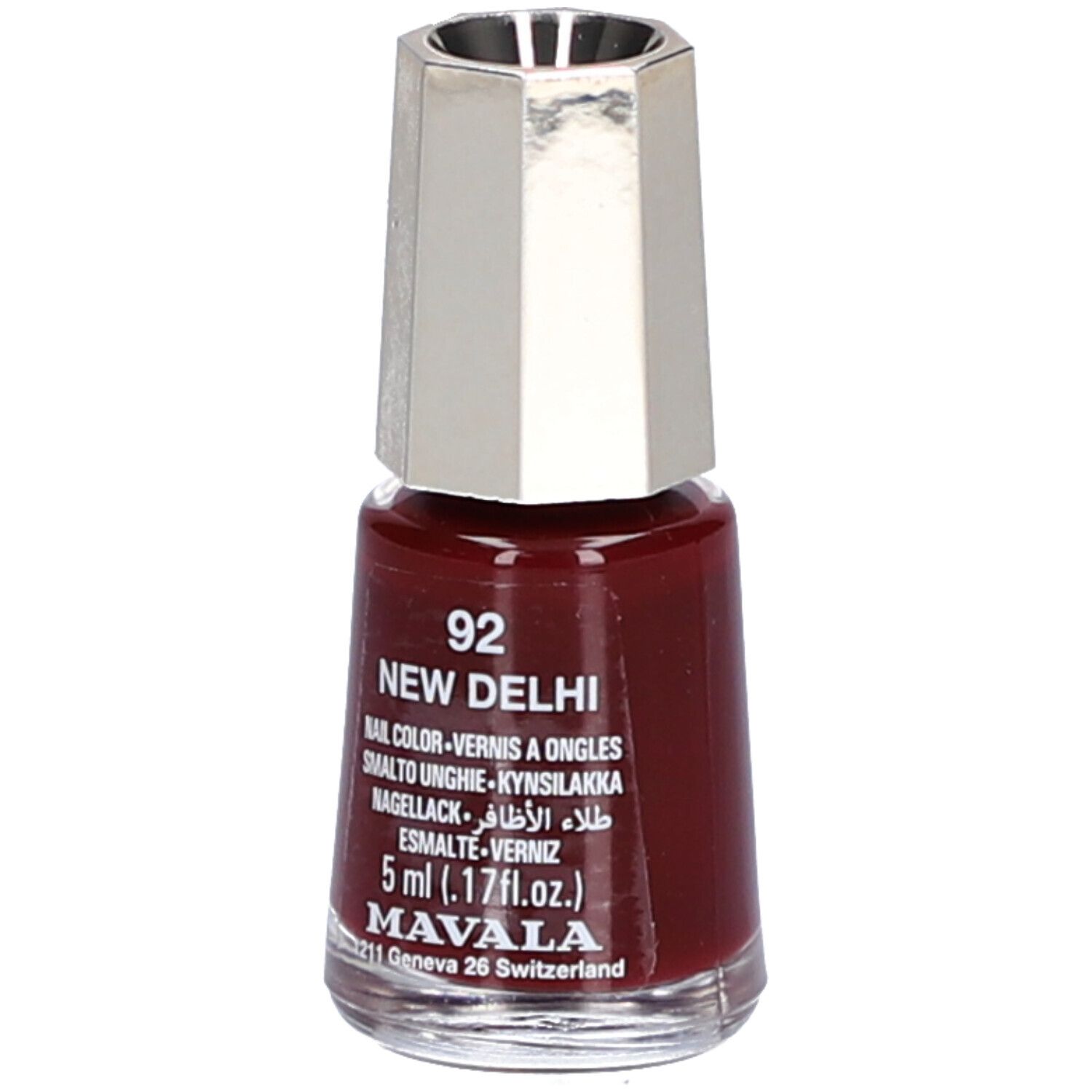 Nagellackflasche, dunkelrot. Silberfarbener Deckel. Aufschrift: 92 New Delhi, Nagellack, 5 ml, Mavala.