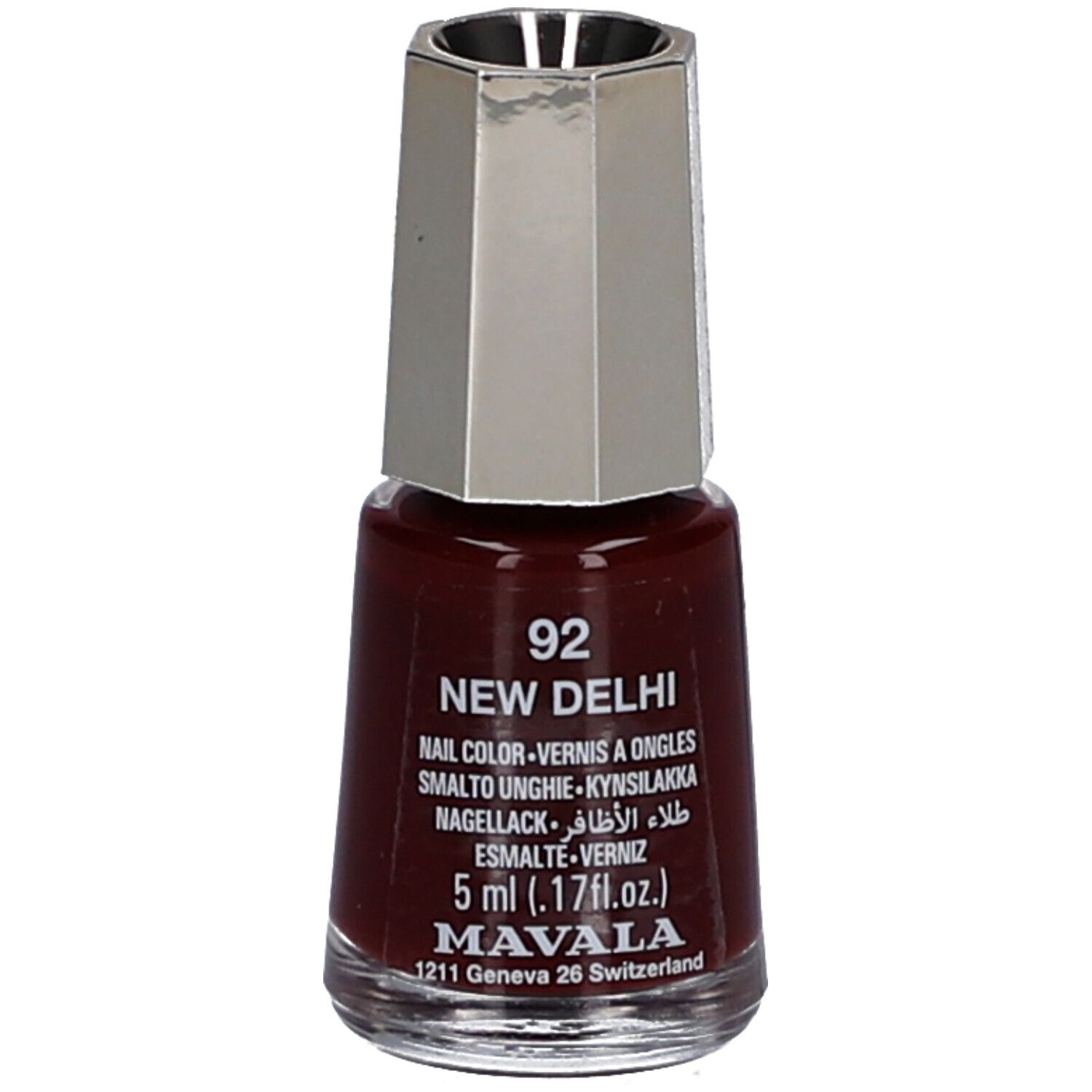 Nagellackflasche, dunkelrot. Silberfarbener Deckel. Aufschrift: 92 New Delhi, Nagellack, 5 ml, Mavala.