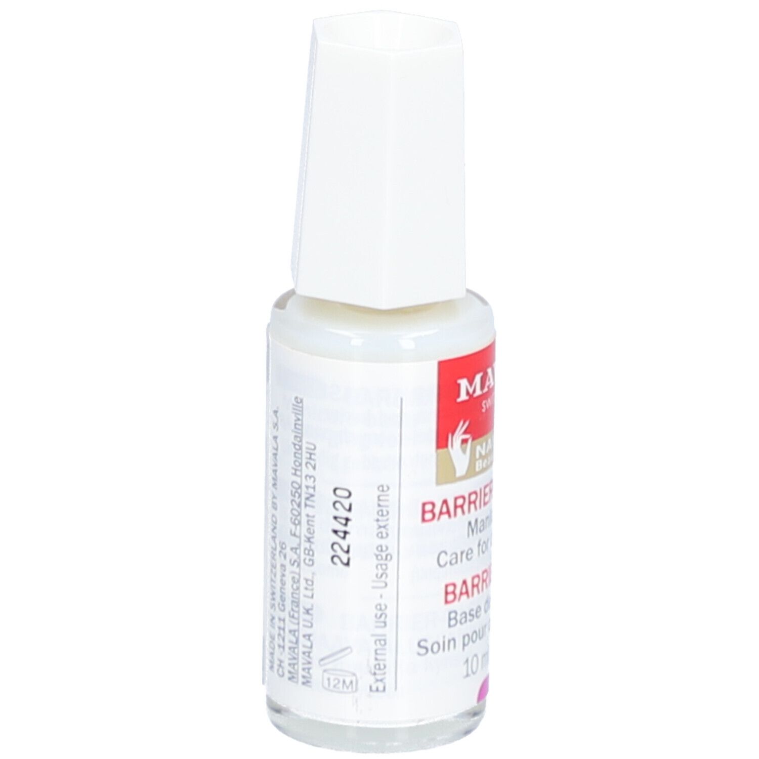 Mavala Barriere Base Nagelpflege. Flasche mit weißem Deckel. Rückseite mit Text. 10 ml.