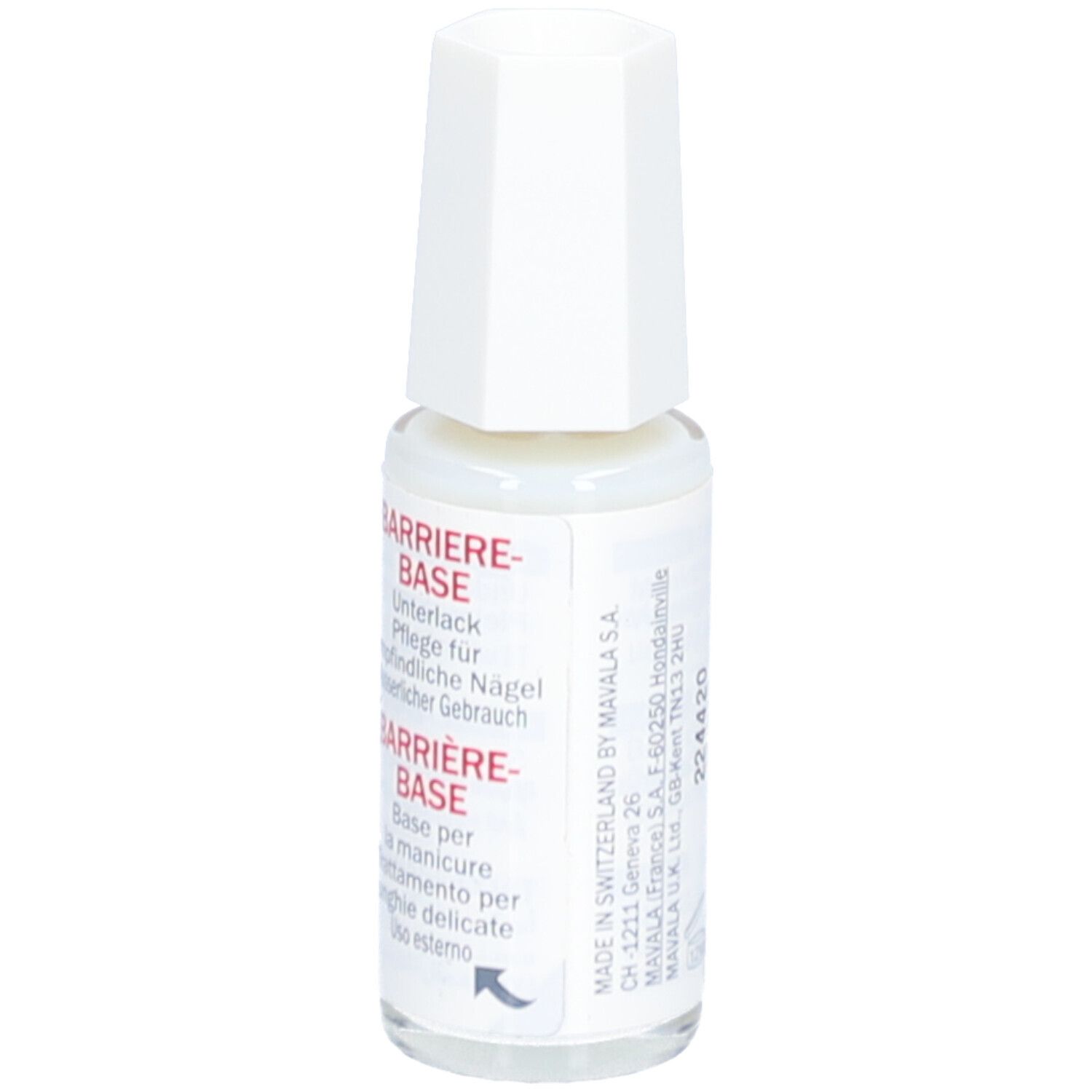 Mavala Barriere Base Nagelpflege. Flasche mit weißem Deckel. Rückseite mit Text. 10 ml.