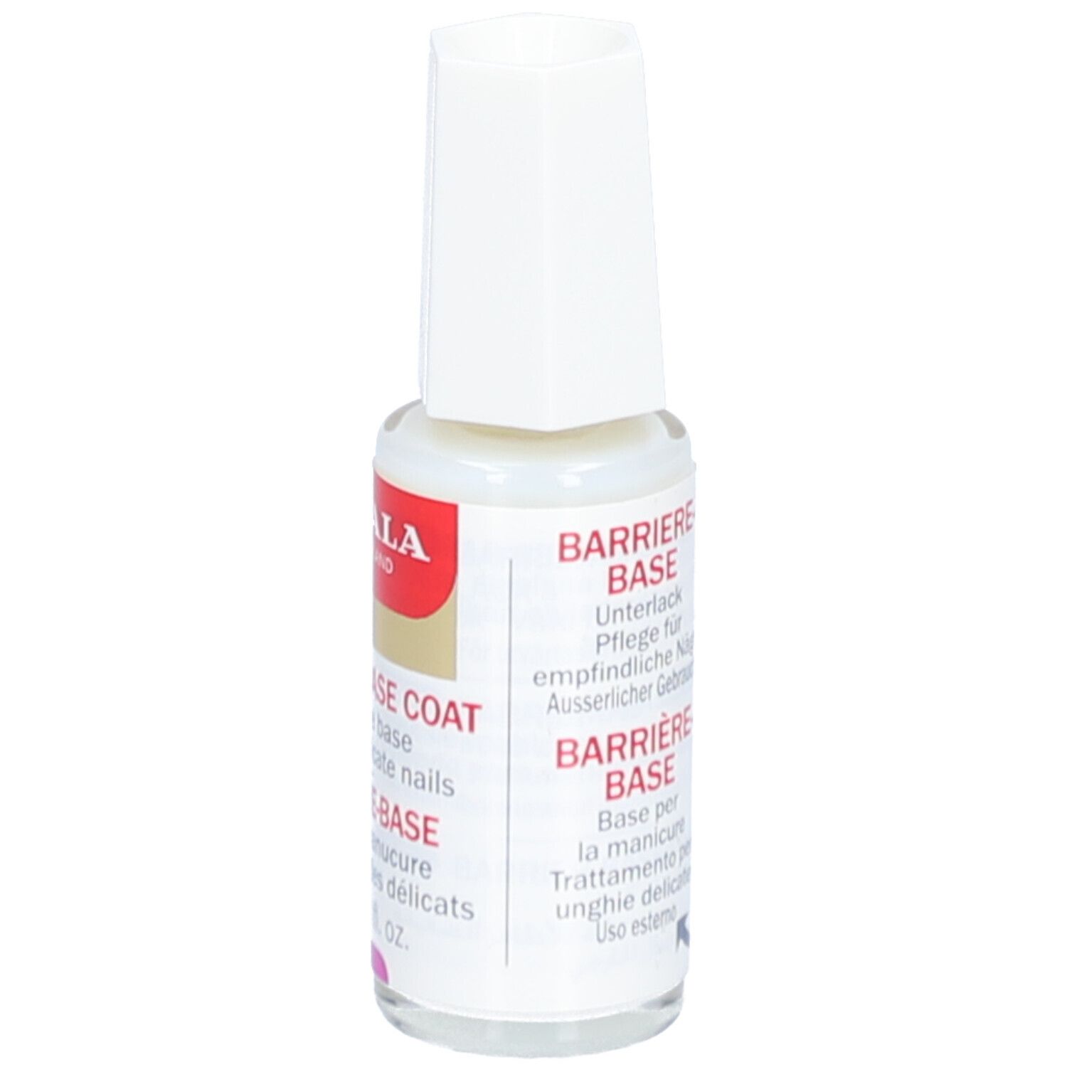 Mavala Barriere Base Nagelpflege. Flasche mit weißem Deckel. Roter Aufkleber mit Text. 10 ml.