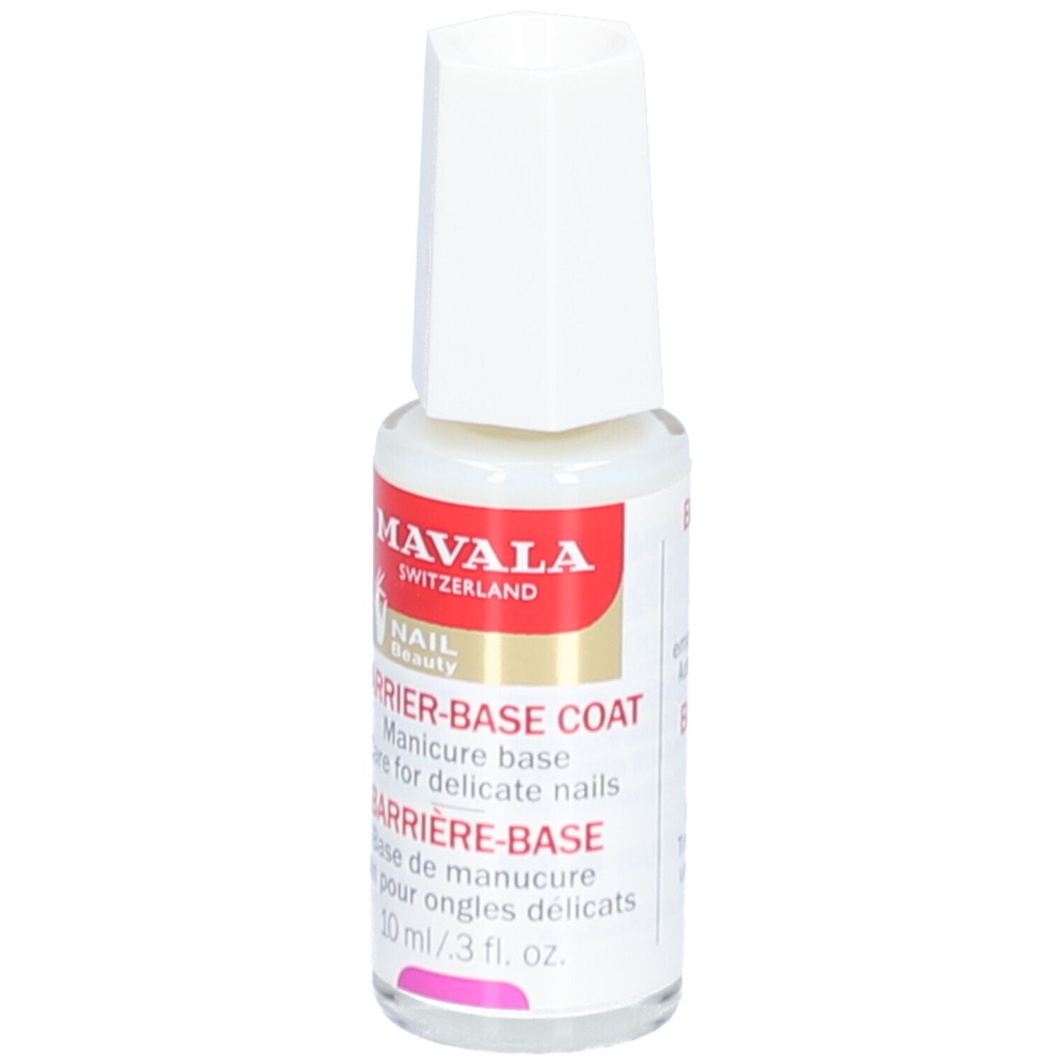 Mavala Barriere Base Nagelpflege. Flasche mit weißem Deckel. Roter Aufkleber mit Text. 10 ml.