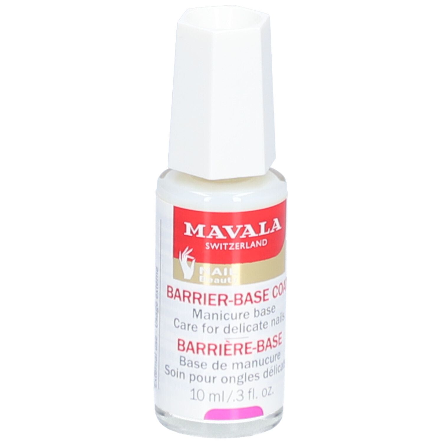 Mavala Barriere Base Nagelpflege. Flasche mit weißem Deckel. Roter Aufkleber mit Text. 10 ml.